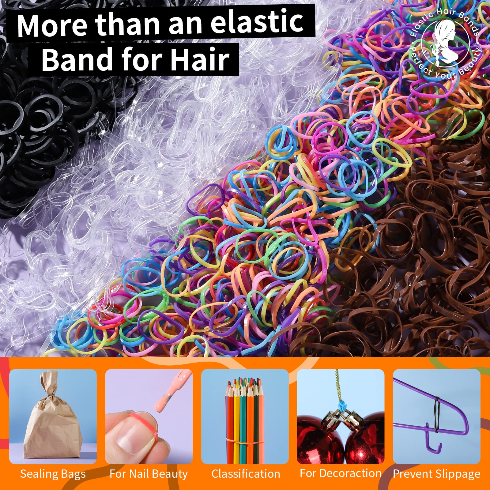 Teenitor Bandas elásticas para el pelo, 2000 unidades de gomas para el cabello, gomas elásticas para el cabello, lazos pequeños para el cabello, transparente, negro, marrón y color