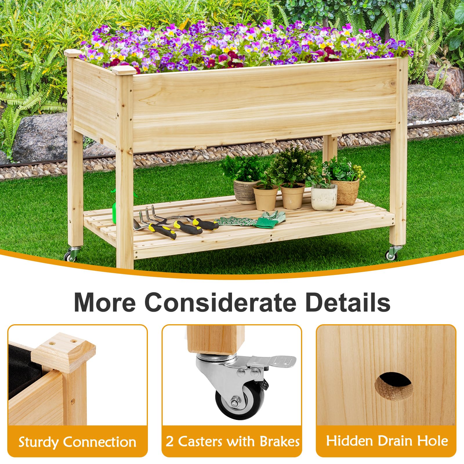 HOMASIS Jardinière sur Pieds avec roulettes et Étagère, Carré Potage Surélevée en Bois avec Trou de Drainage et Non-Tissé Intérieur, pour Jardin, Balcon, Terrasse 120 X 59 X 84 Cm