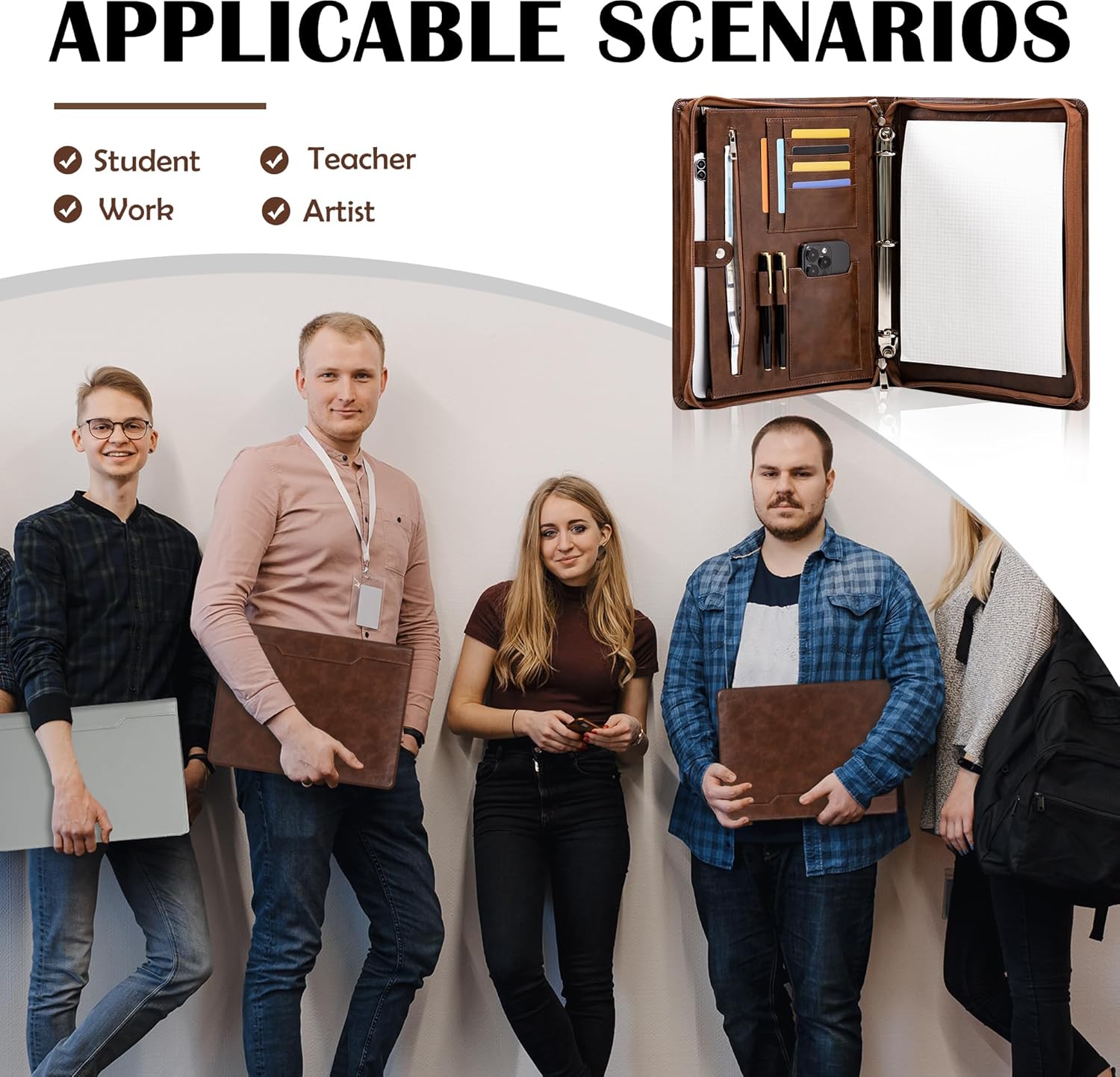 Professional 3-Ring Portfolio Organizer A4 Padfolio with Zipper, Premium PU Leather Business Planner Folder for Resume, Interview, Office, and Travel – Dark Brown - Image 4