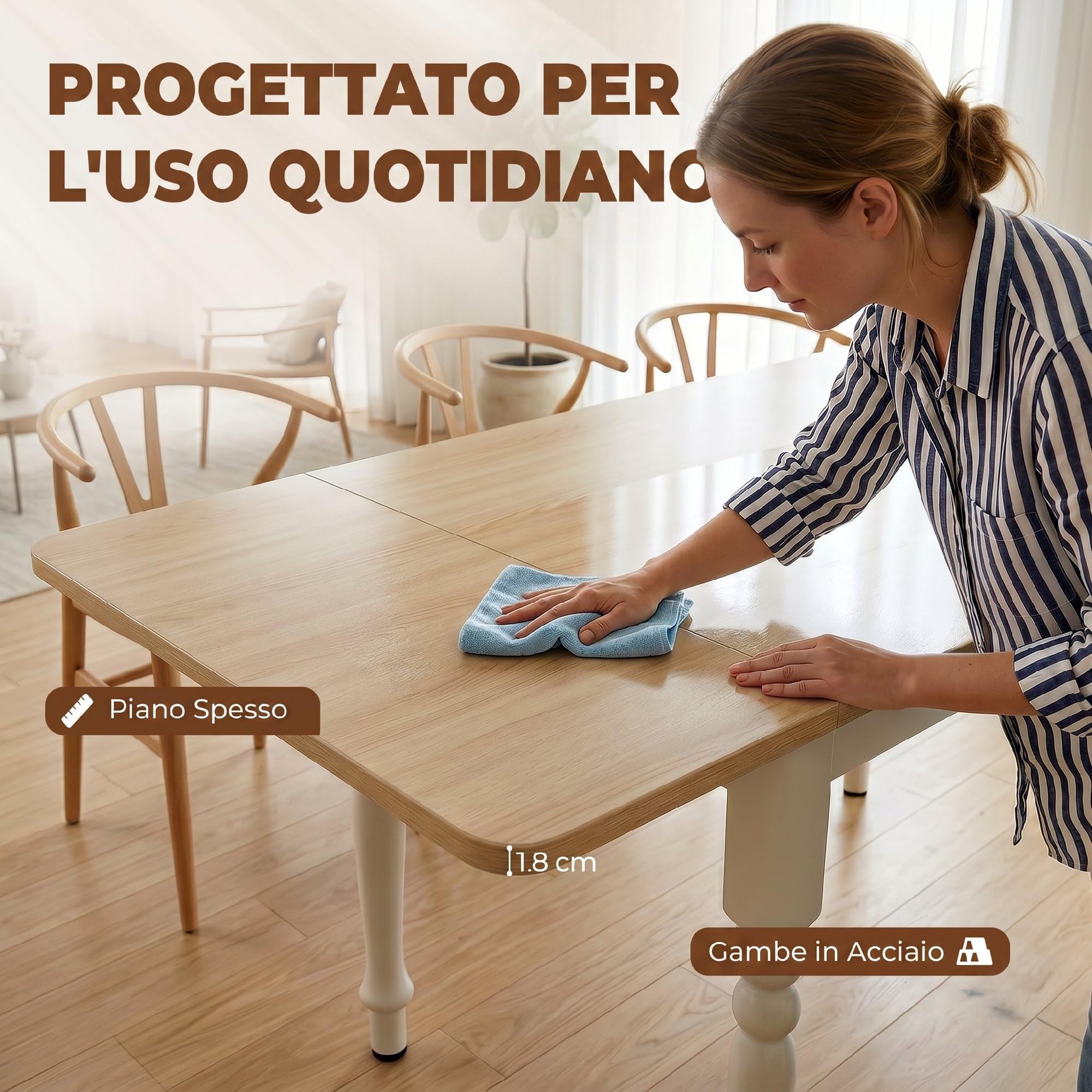 HOMCOM Tavolo da Pranzo Pieghevole per 2-6 Persone, 74-134x80 cm Tavolo Cucina a Ribalta con Gambe Tornite in Acciaio, Scrivania Richiudibile Salvaspazio per Soggiorno Sala da Pranzo, Legno Naturale