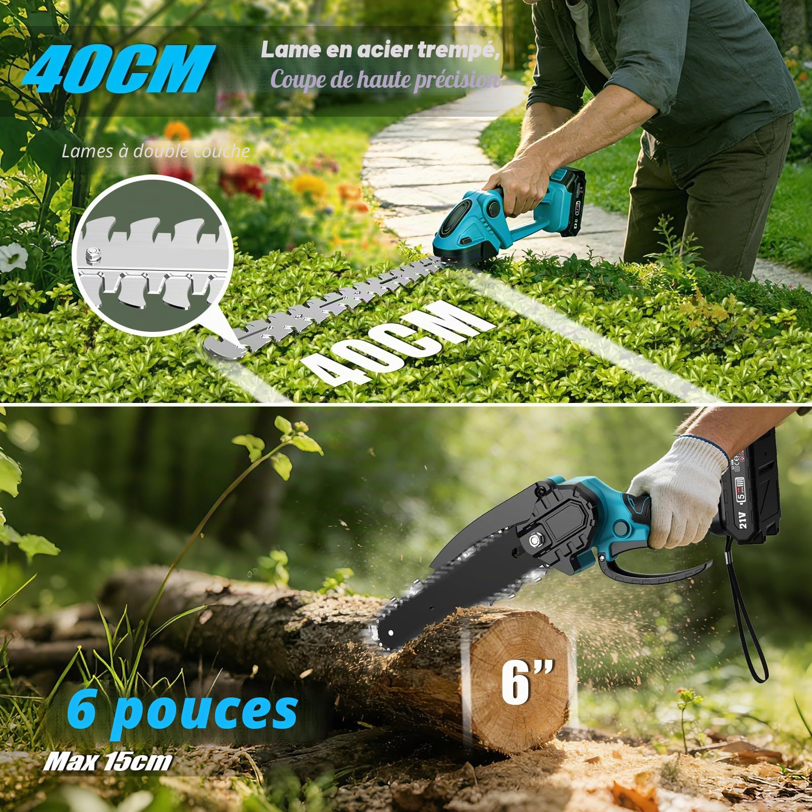 Taille Haie et Tronçonneuse Télescopique Électrique 4 en 1, 6" sans Fil avec Perche, 2 Batteries 4,0 mAh, Angle Réglable