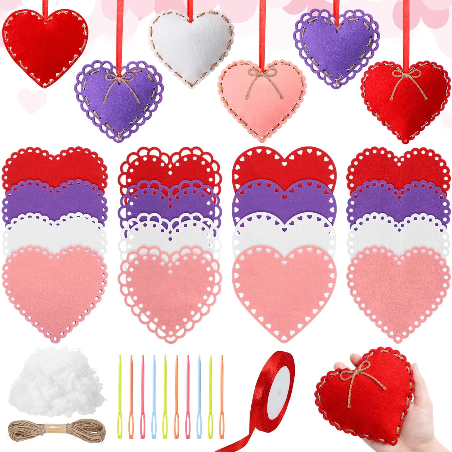 Soulchen 16 Sets Valentines Day Hearts Felt Craft Kits Large 5.9 Inch Felt Heart Hanging Ornament with Filling Cotton Rope for DIY Crafts Wall Decorations Valentine's Day Wedding DIY Craft Supplies