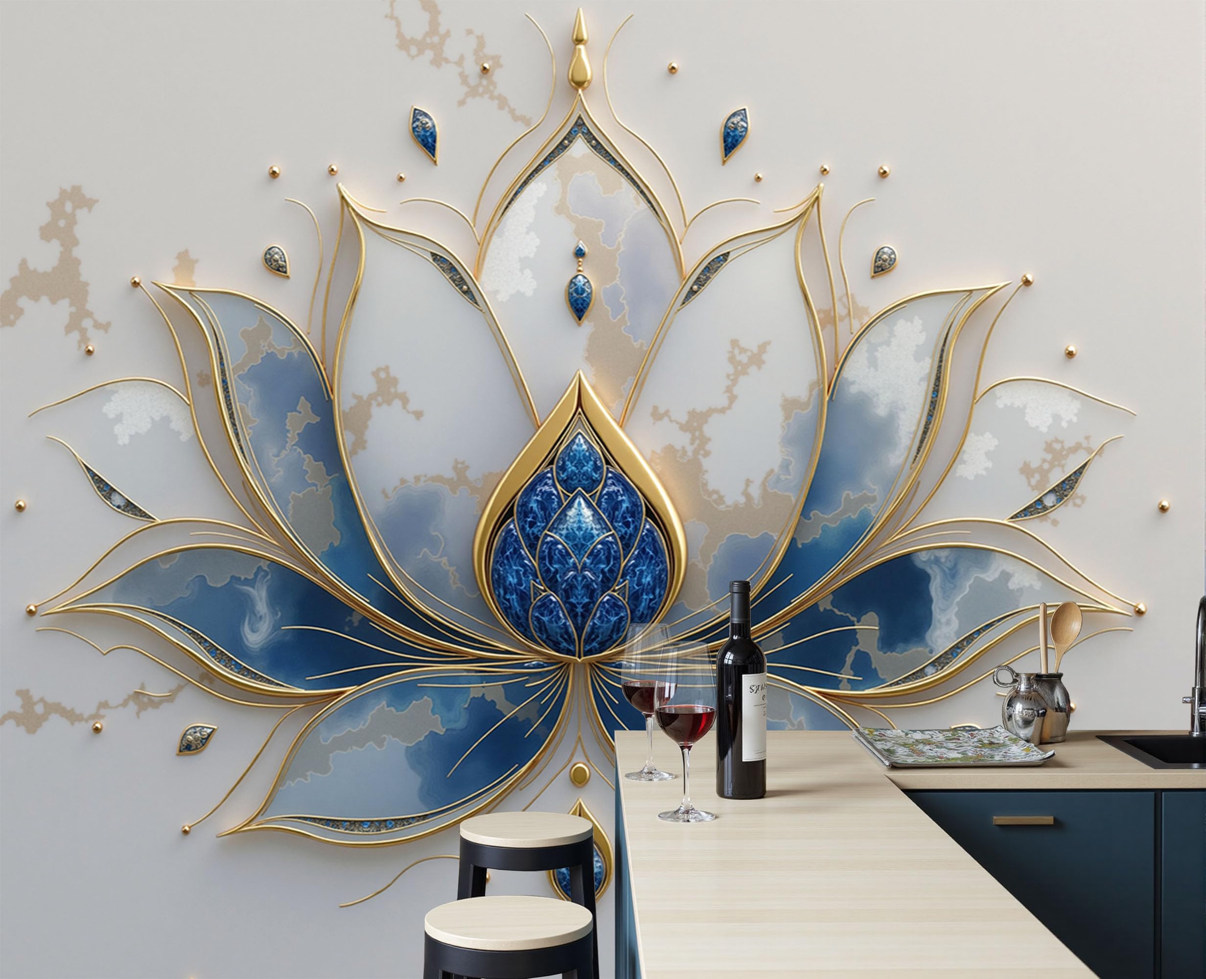 Papier peint lotus relief 3D : l'élégance du bleu royal pour un salon luxueux