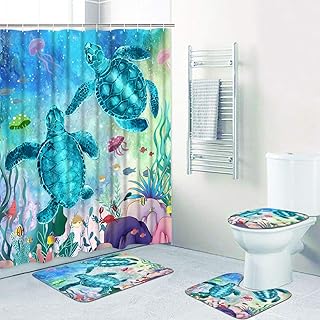 Alishomtll 4 Pcs Sea Turtle Shower Curtain Set with Non-Slip Rug, Toilet Lid Cover, Bath Mat and 12 Hooks, Ocean Creature ...
