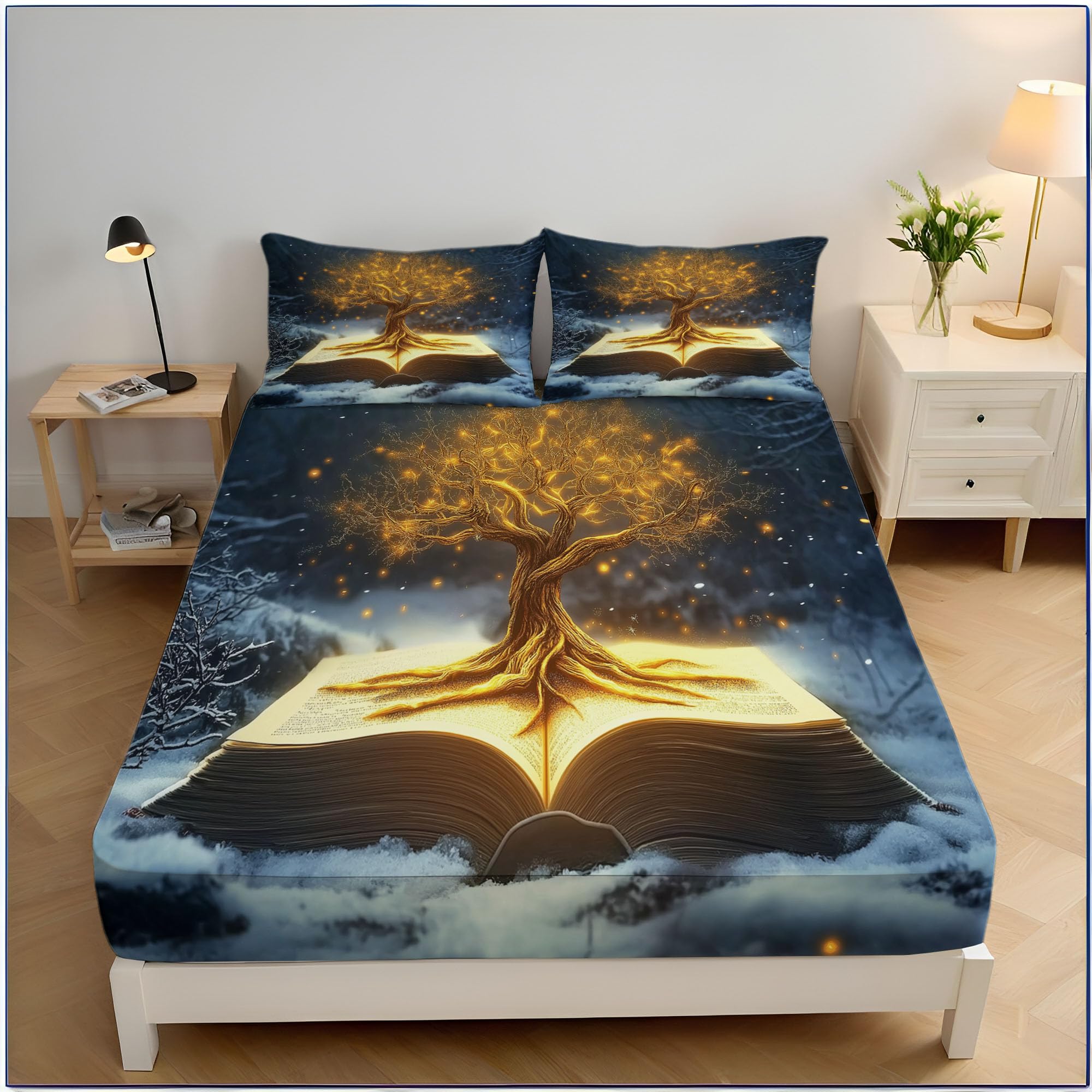 Draps de lit en microfibre brossée 90x190cm avec drap plat et housse motif paysage d'hiver