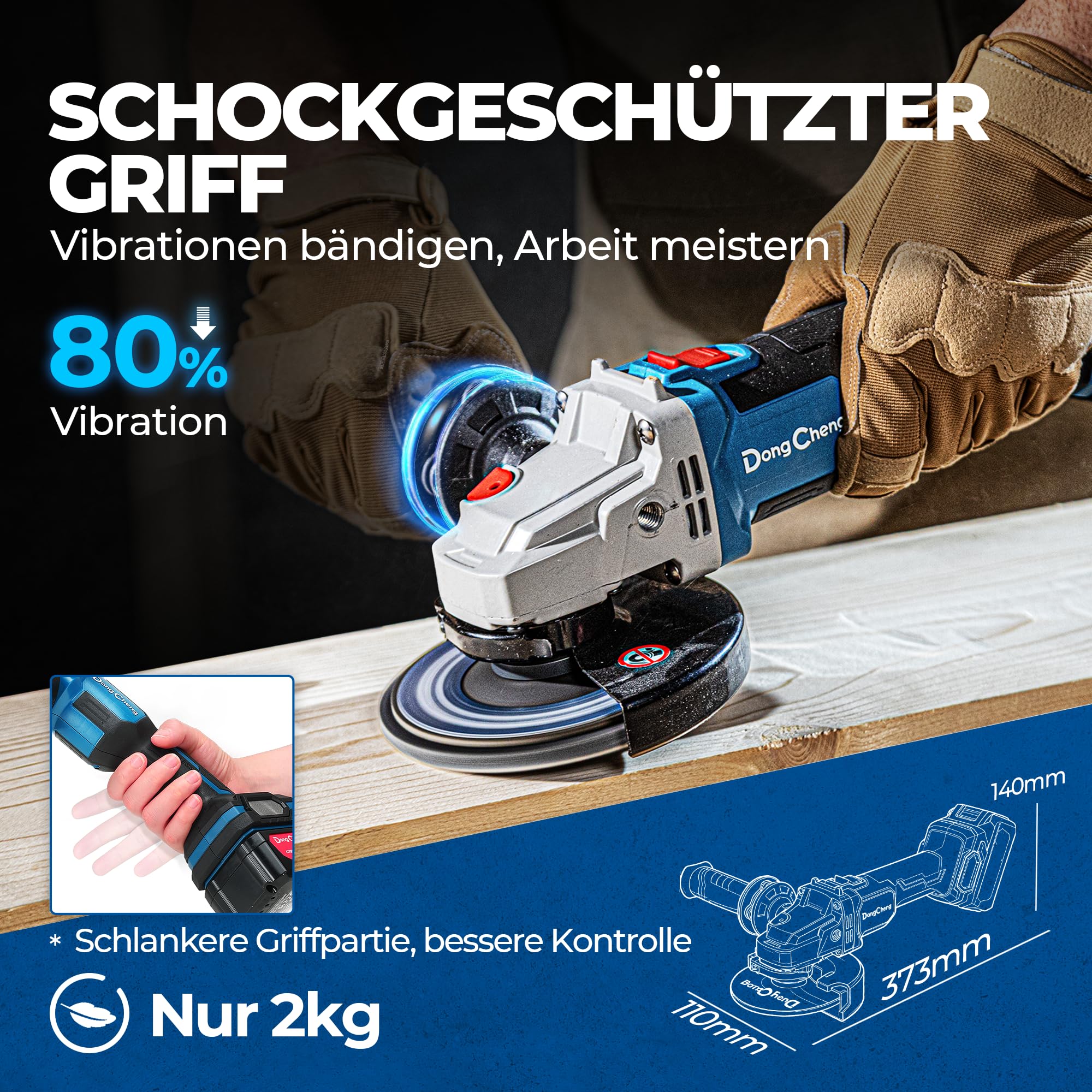 DongCheng 18V Akku Winkelschleifer Ø125mm, Schnellverschlussabdeckung | 8500 U/minBürstenloser Motor, Anti-Vibrations-Griff, 2 Schleif-, 2 Fächer-, 2 Trennscheiben, 4.0Ah Akku & Ladegerät