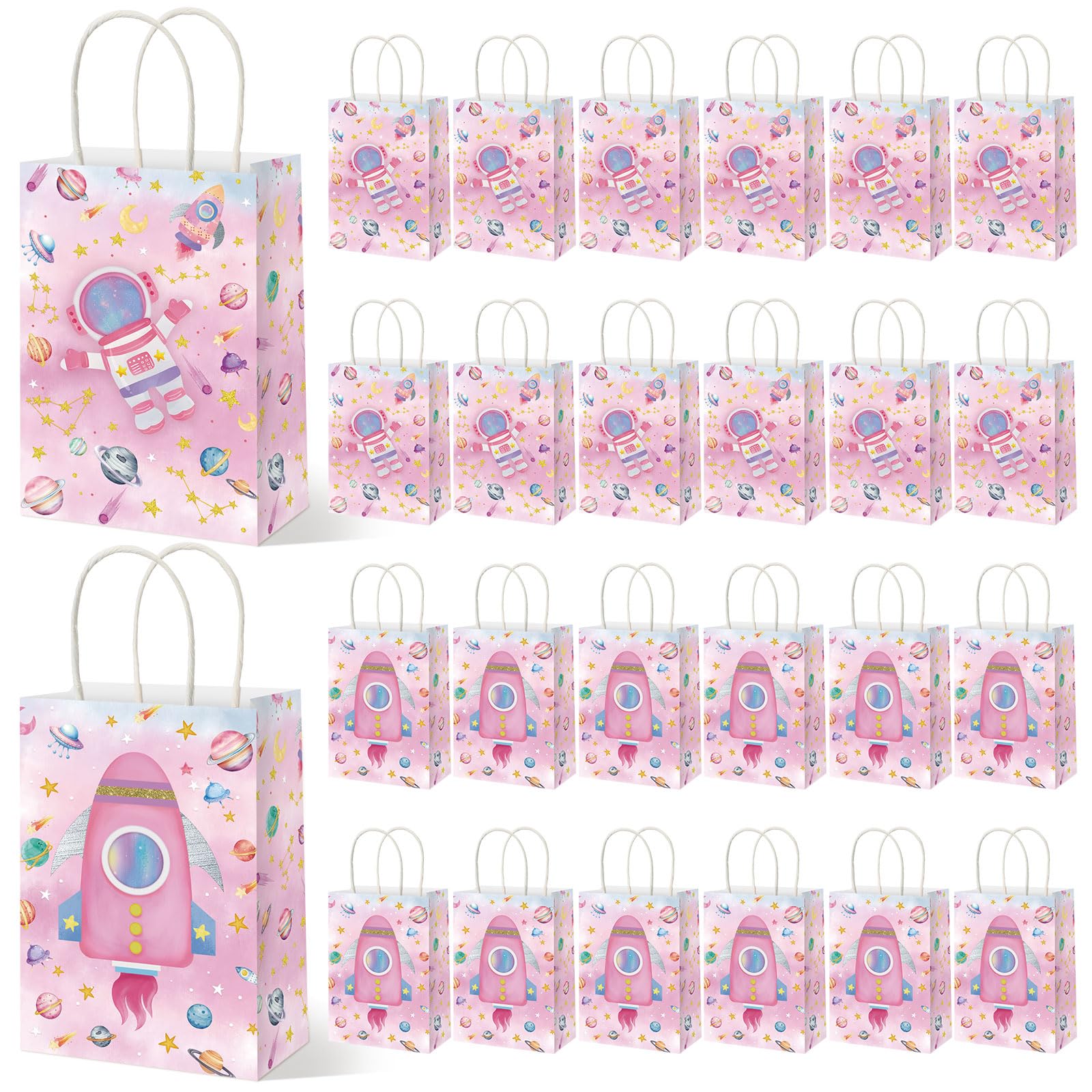 Geyoga 24 Pcs Pink Outer Space Party Favor Bags Space Goodie Gift Bags with Handles Galaxy Rocket Treat Party Supplies Two The Moon Birthday