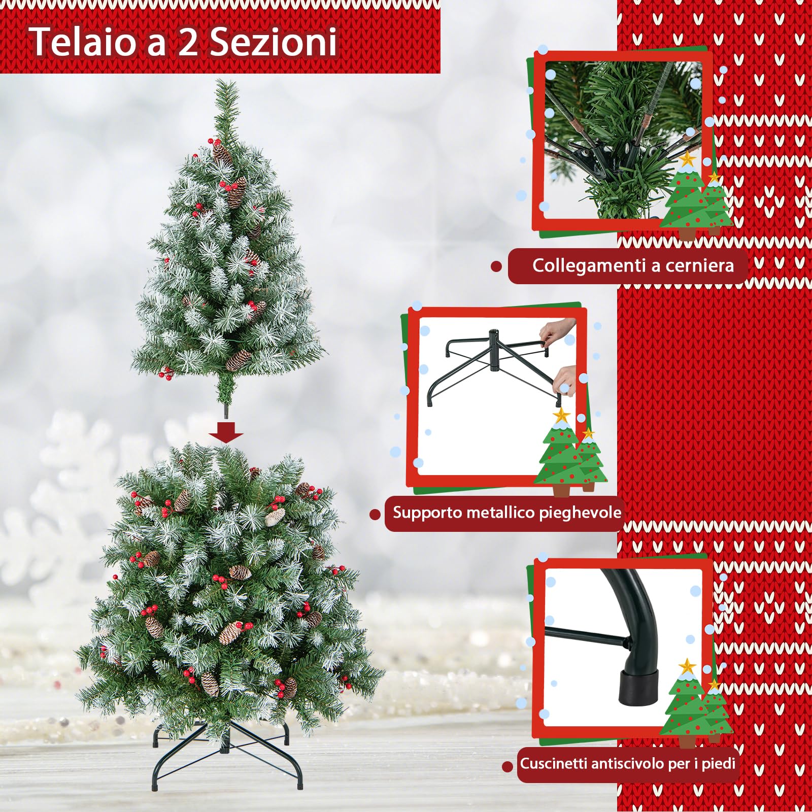 GYMAX 150 cm Albero di Natale Innevato Automatico, con 200 Luci a 8 Modalità, 450 Rami in PVC, 26 Pigne e 126 Bacche, Folto e Realistico, Base Pieghevole in Metallo, Montaggio Facile