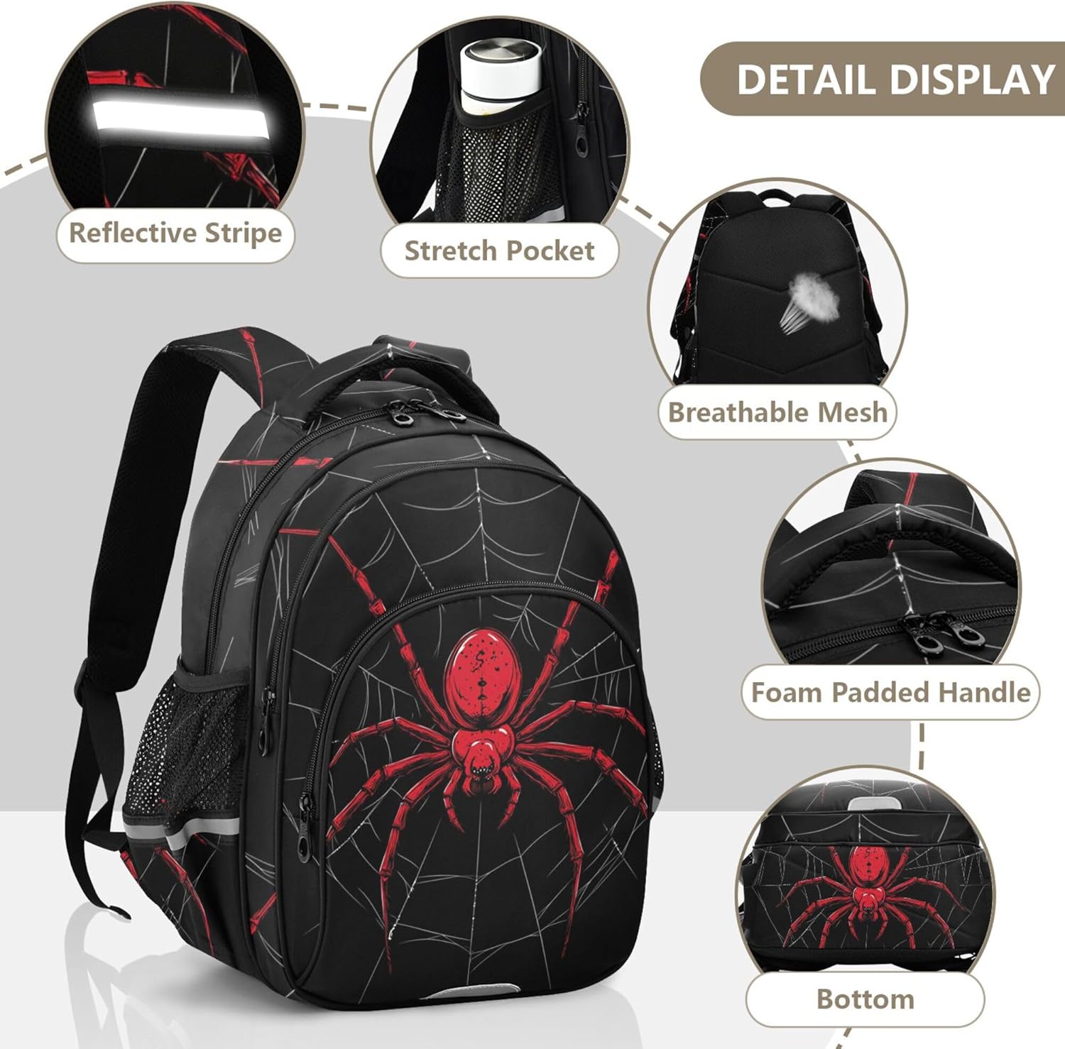 MNSRUU Laptop Backpack with Chest Strap, Red Spider on A Web School Backpack, Travel Hiking Bag for Boys Girls Teen College Students Adult, Rucksack Knapsack, M - Image 3