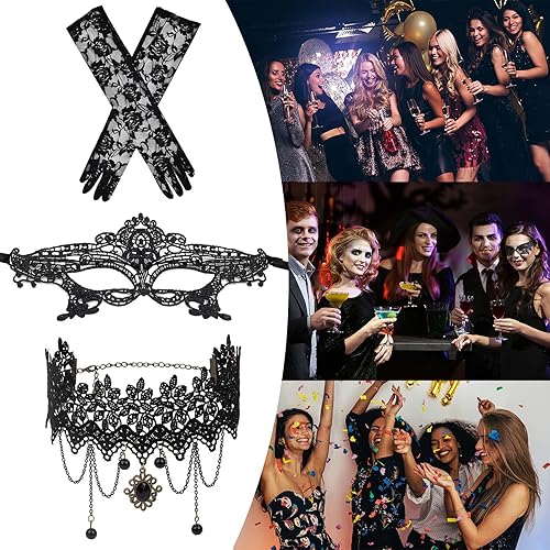Miniatura 3 de JewelryWe Juego de disfraz de mascarada, máscara de encaje para mujer, gargantilla veneciana para Halloween, carnaval, fiesta, baile de graduación,