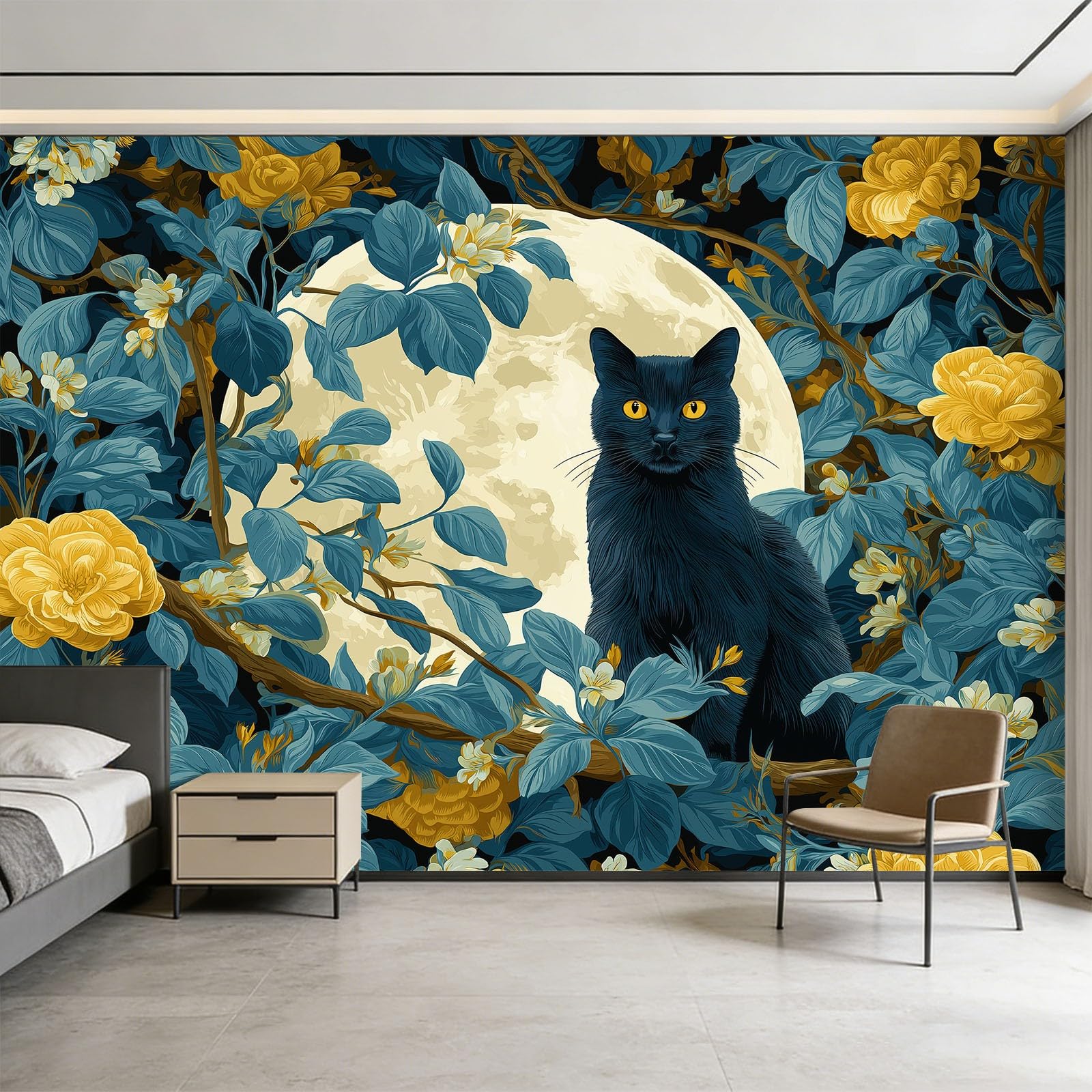 Zwierzęta, koty, kwiaty, księżyc, sztuka, fototapeta, 500 x 280 cm, efekt 3D, obraz ścienny, tapeta z włókniny, nowoczesna tapeta ścienna, do salonu, pokoju dziecięcego, sypialni, tło TV, dekoracja