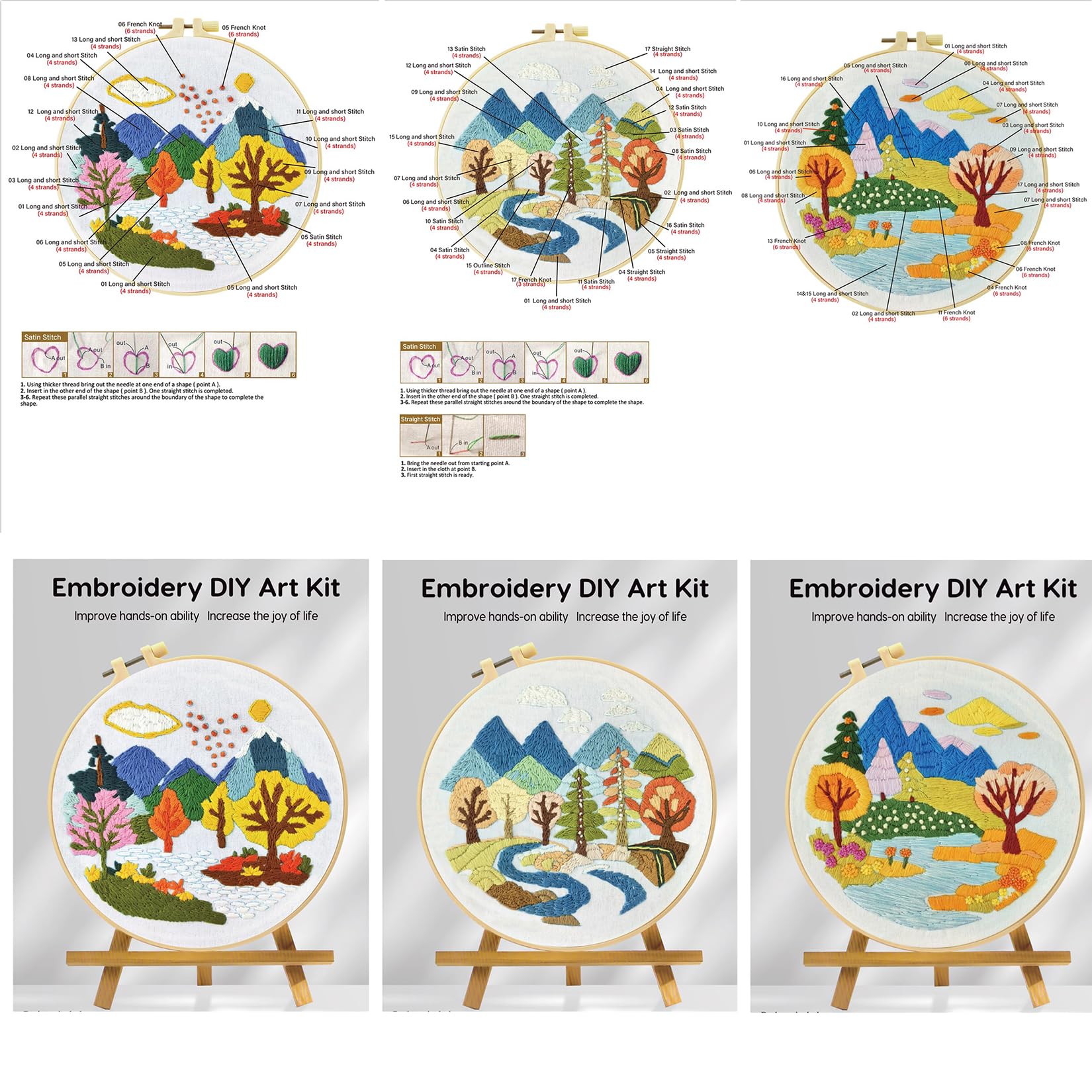 51buyoutgo 3pcs Embroidery Kit, Easy River Landscape Hand Embroidery Starter Patterns Kits Set for Adults Beginners Kid DIY Advanced Modern Stamped Cross Stitch Cloth - Image 2