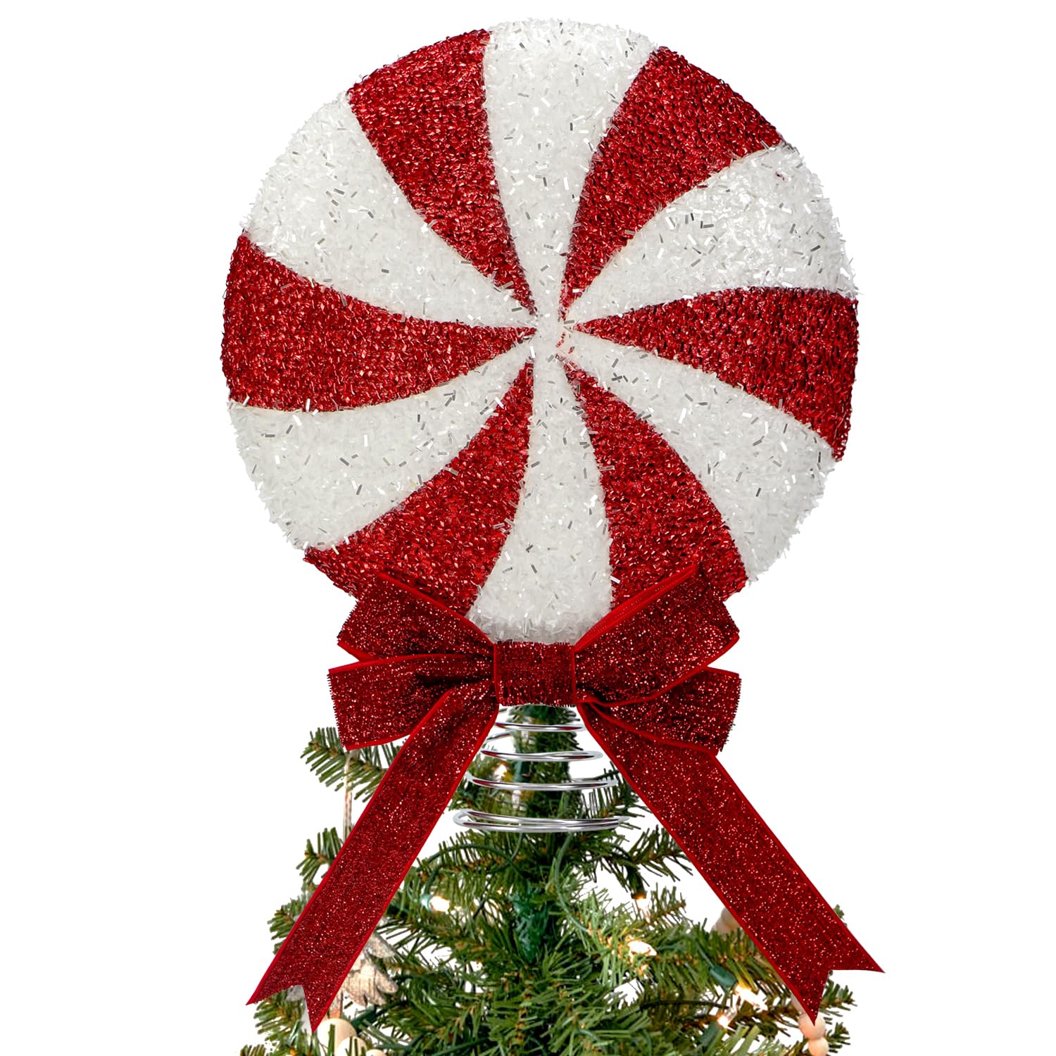 Christmas Candy Tree Topper with Bow, 20cm Peppermint Candy Christmas Tree Topper with Bow Tinsel Christmas Decoration Sparkly Candy Ornament for Xmas Tree Holiday Party Festive Home Decor (Red White)