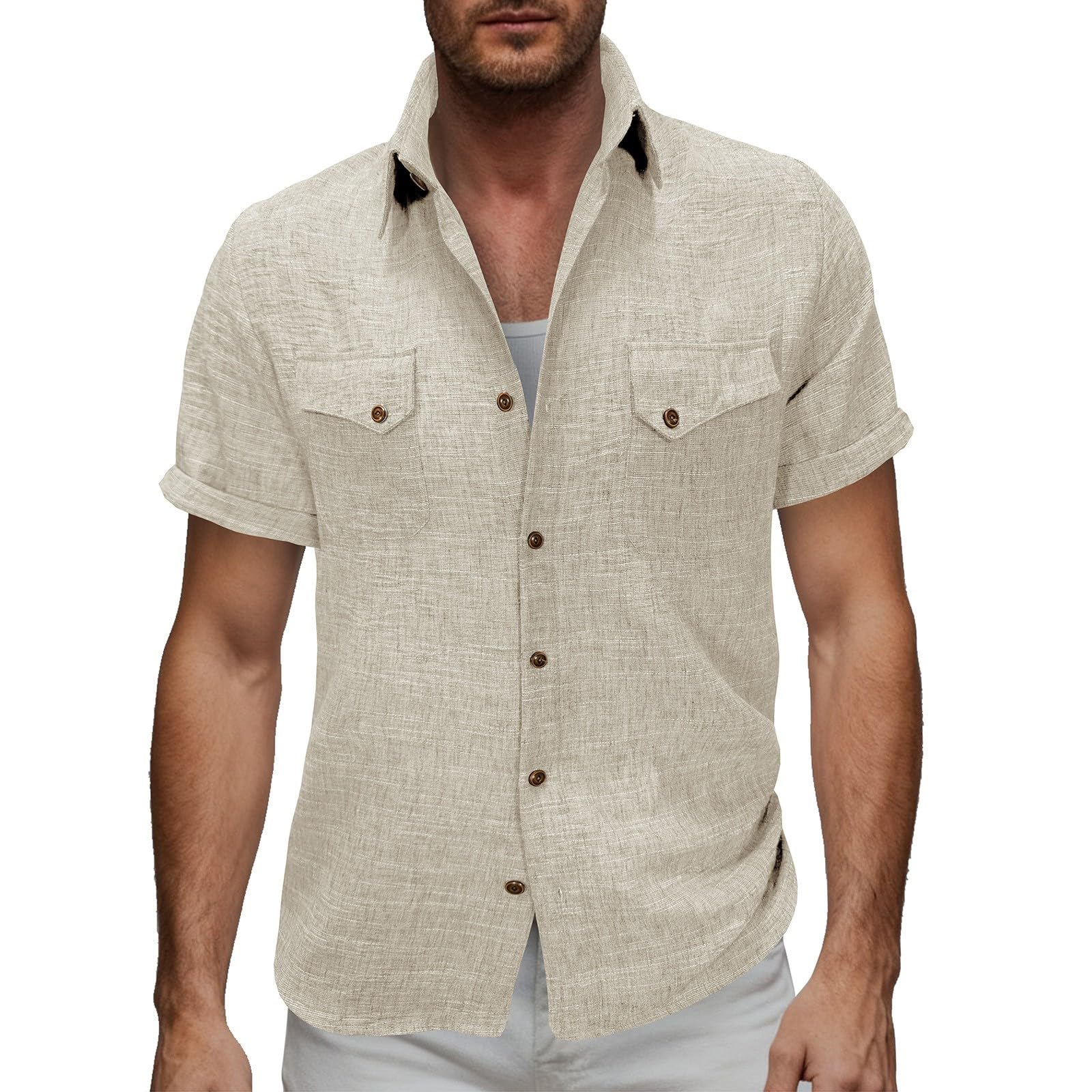 Generico Camicia Uomo in Lino Texturizzato con Bottoni E Tasche, Maniche Corte Estive Ideale per Vacanze al Mare E Uscite Casual