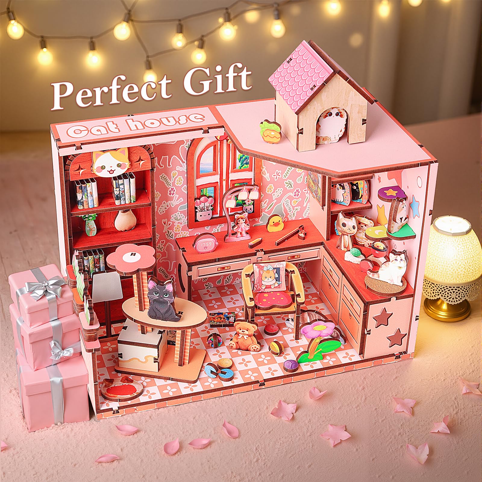 Cuteefun Maison Miniature DIY Kit, Maison Poupee Bois avec LED, Construction à Tenons et Mortaises, Facile à Assembler, Cadeaux d'anniversaire, de Noël, d'halloween (Cabane à Chat)
