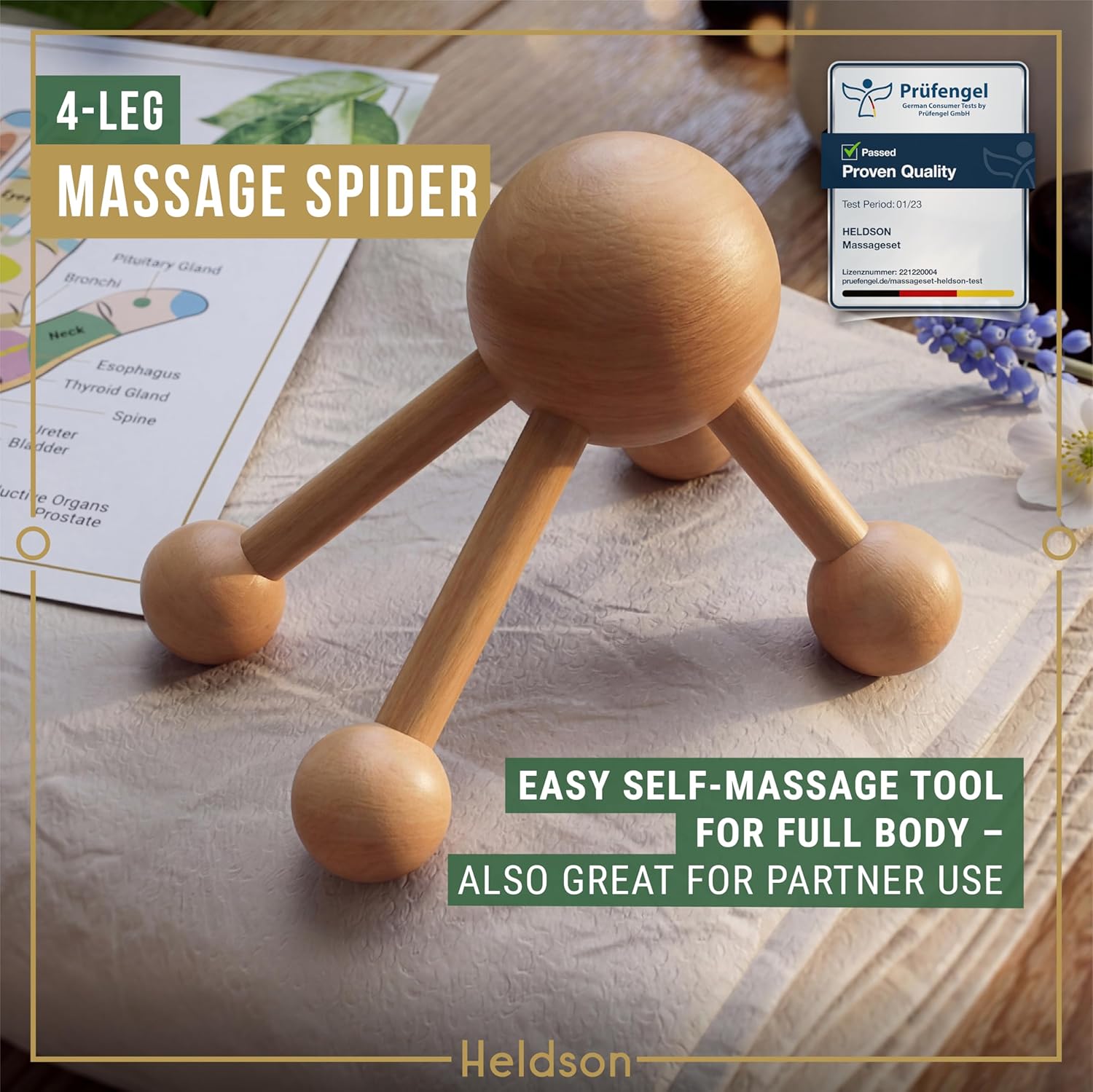 HELDSON® Wooden Therapy Massage Tools [6 Pieces] - Wood Rollers for Body Sculpting - Lymphatic Drainage Massager - Cellulite Tool - Maderoterapia Kit - Back Rolling Stick - Wellness Gifts Women, Men