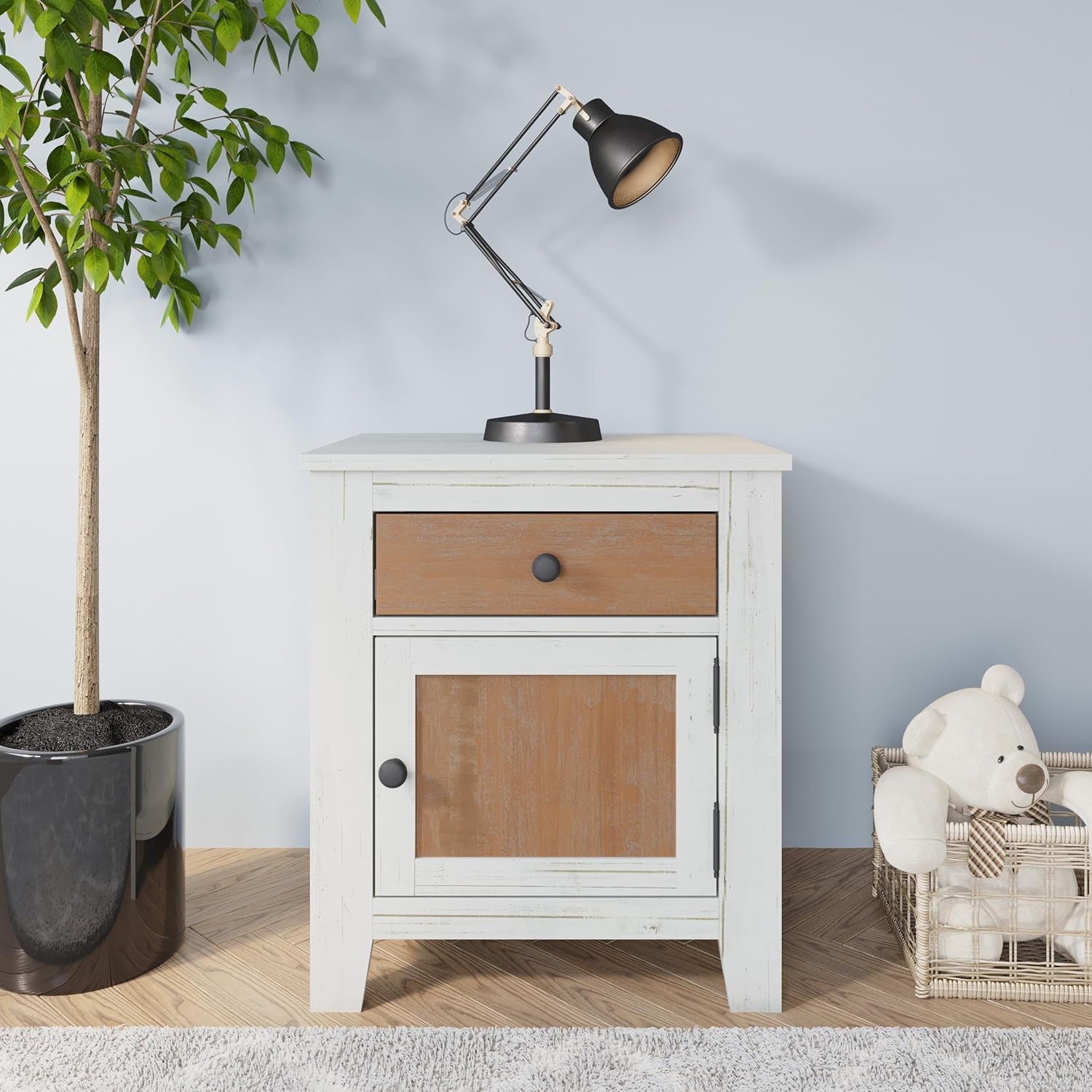 Child Craft Ocean Grove 1 Drawer Nightstand for Nursery or Bedroom, Large Storage Drawer, Made of Sturdy Pinewood, Non-Toxic, Baby Safe Finish (White/Brown)