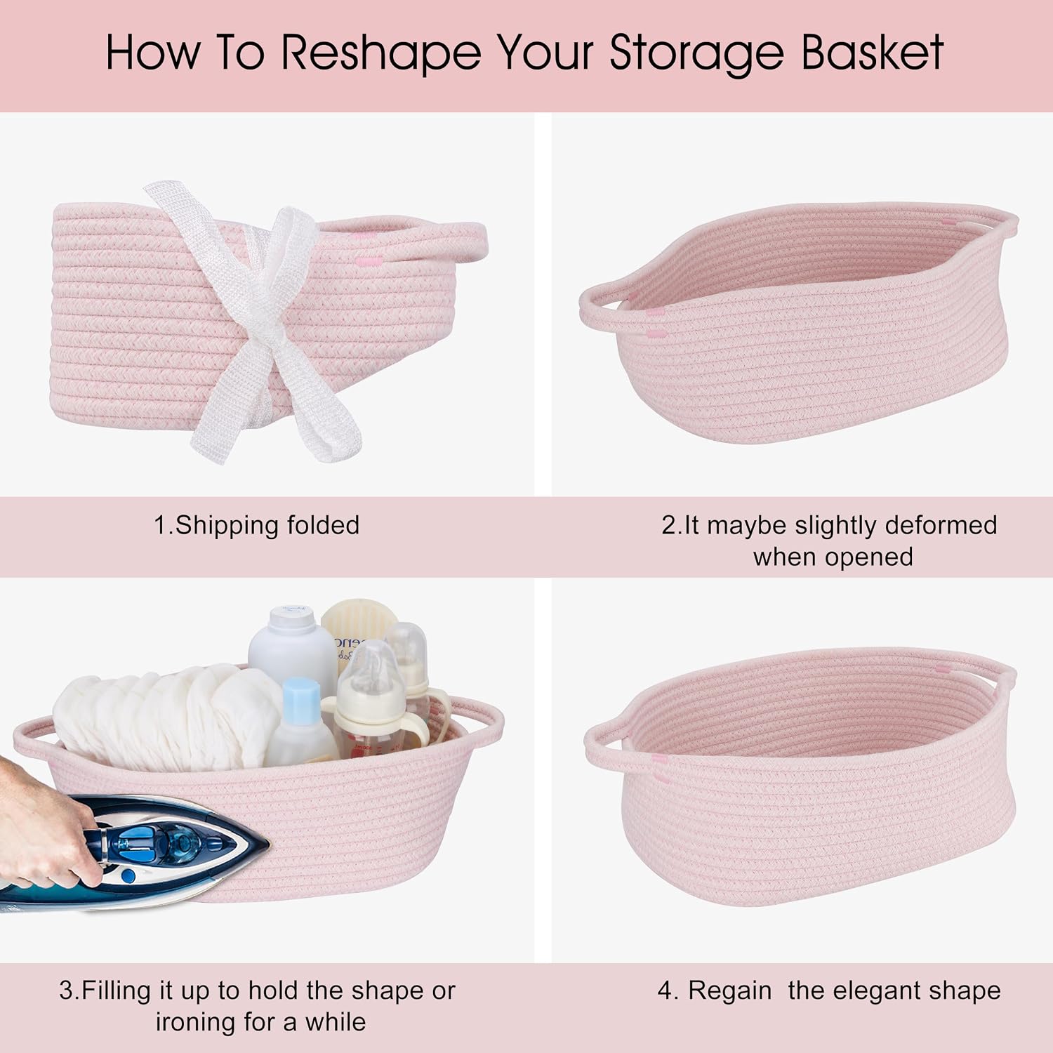 Baby Gifts Basket Empty with Gifts Bag and Ribbon13”x10”x5” Gift Baskets to Fill Easter Baskets Birthday Baskets Small Woven Cotton Rope Basket Baby Toy Baske pink, large