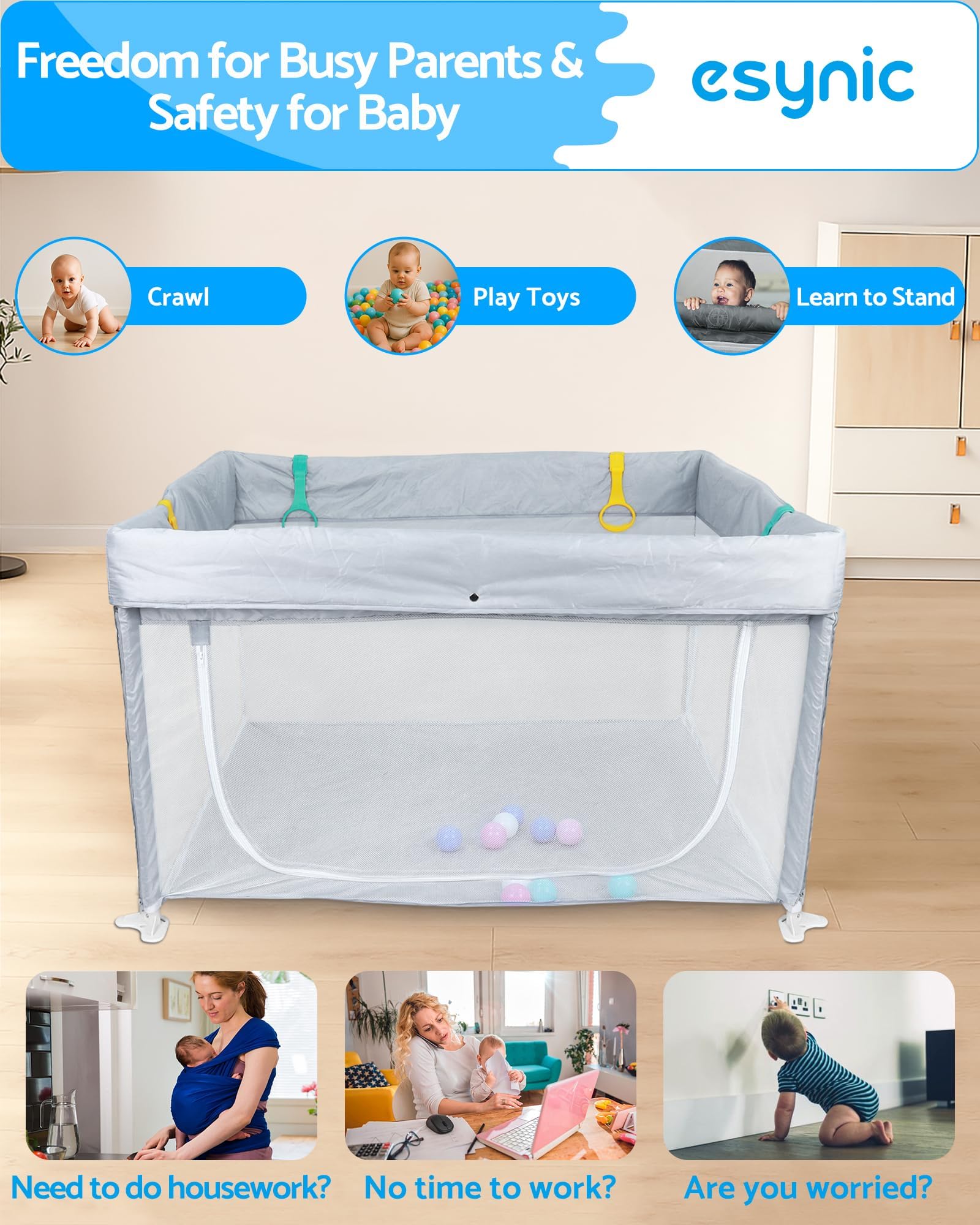 eSynic Corralito Bebé Portátil 120x120cm, Parque Infantil Plegable con 10 Bolas, Malla Transpirable, 4 Agarraderas y Bolsa Transporte - Juegos Seguros para Bebés
