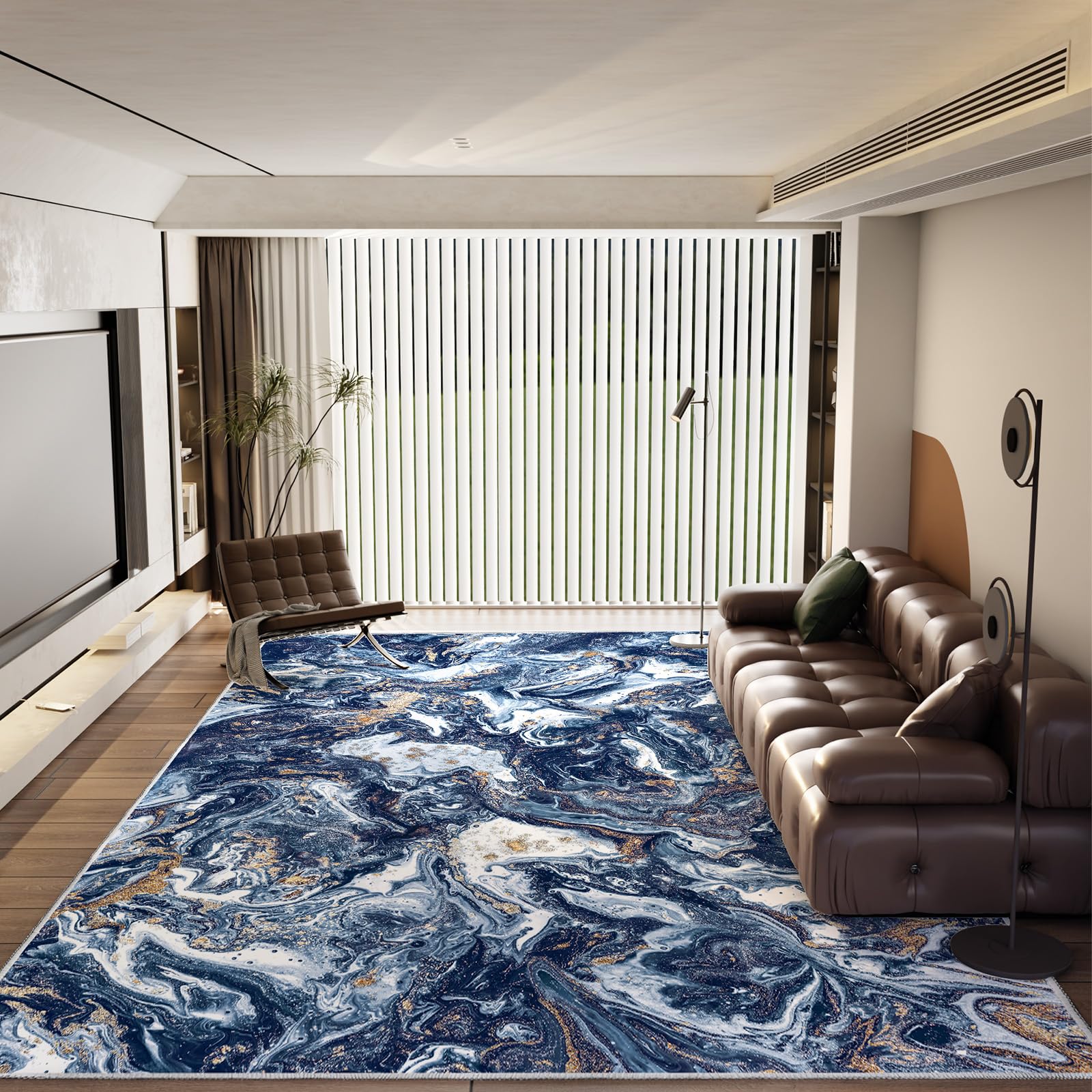 IKALIFE Modern Rugs Living Room - 120x170 cm Upgraded 10mm Thick Sponge Soft Low Pile Non Slip Area Rugs for Bedroom Dining Room Lounge, Abstract Washable Non-Shedding Floor Carpet, Dark Blue — image 1