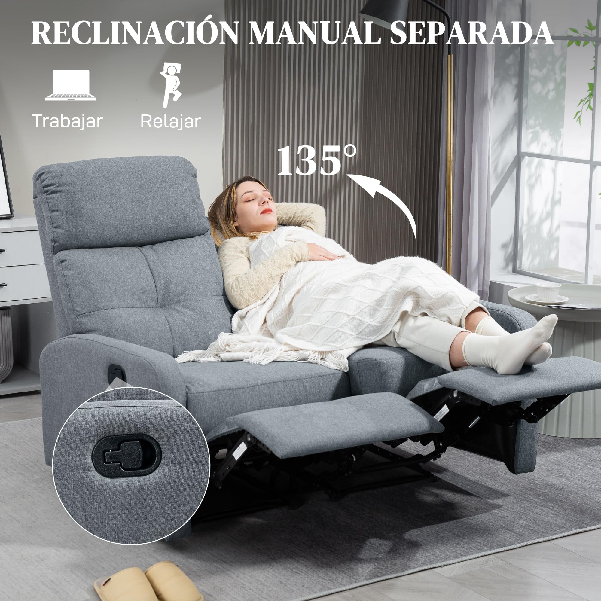 HOMCOM Sofá de 2 Plazas Reclinable Manual Sofá Relax 118x95x101 cm Gris | Tapizado en Lino,Respaldo Ajustable por Separado,Reposapiés,Muelles Ensacados,Acolchado Grueso,Dormitorio,Salón