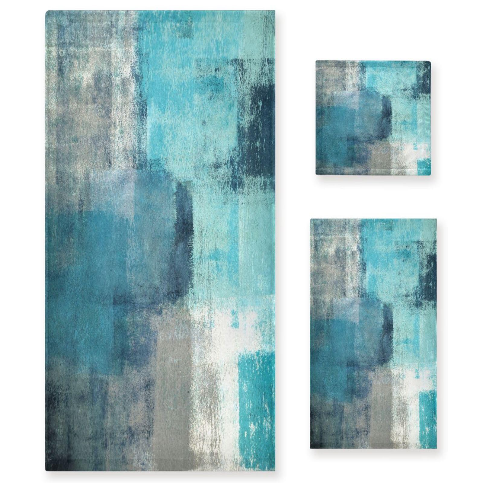 AIYOOLER Turquoise Grey Bath Towels Set,3 Piece Soft Teal Gray Abstract Towel Set,1 Bath Towel 1 Hand Towel 1 Washcloth,Absorbent Modern Decorative