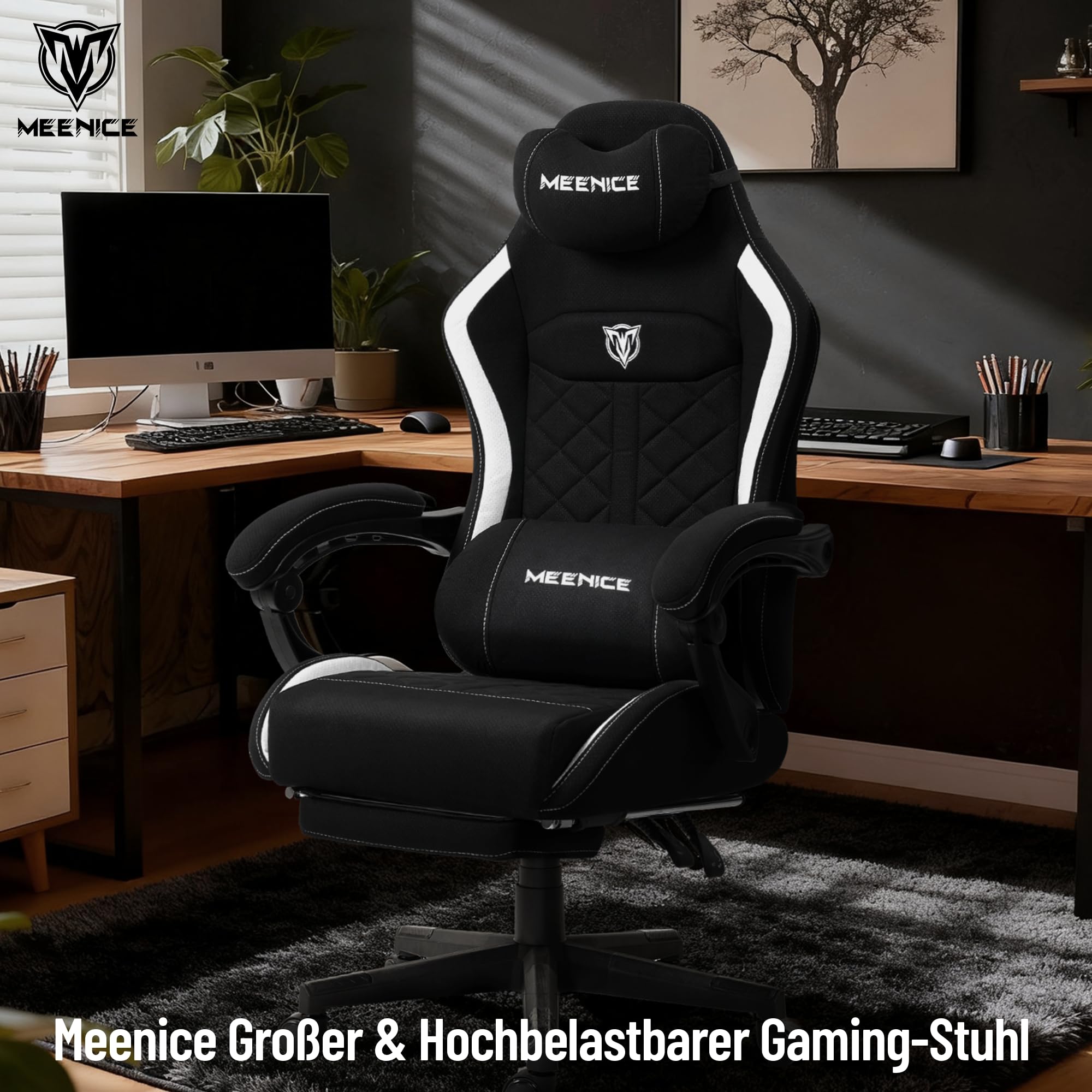 Gaming Stuhl Stoff Big and Tall mit Taschenfederkern, Ergonomischer Gaming Chiair Belastbar bis 160kg, Großer Gaming Sessel mit Fußstütze & Lendenkissen, Gamer Stuhl für Erwachsene Schwarz
