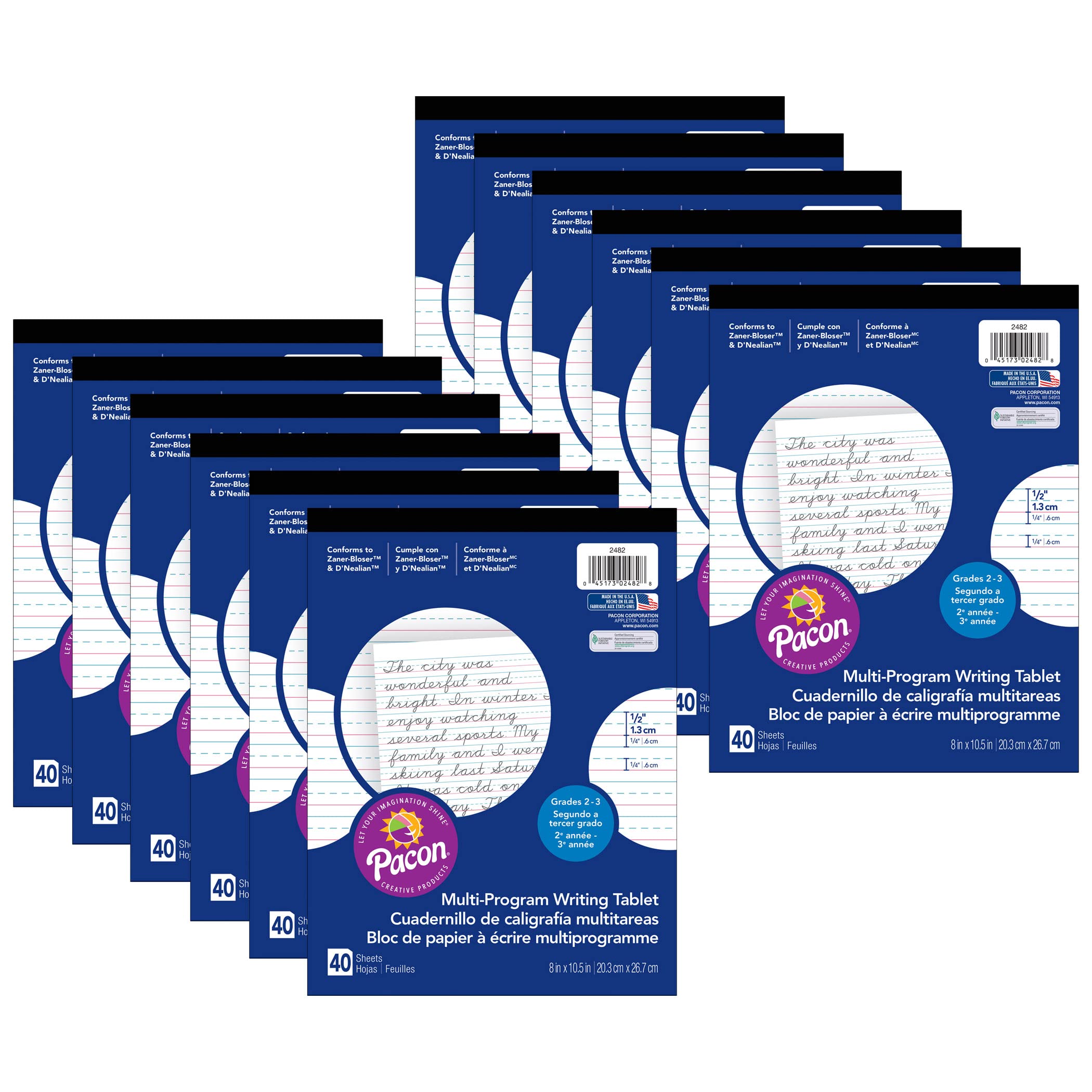 Pacon Multi-Program Handwriting Tablet, D'Nealian/Zaner-Bloser, 1/2" x 1/4" x 1/4" Ruled Short, 8" x 10-1/2", 40 Sheets, Pack of 12