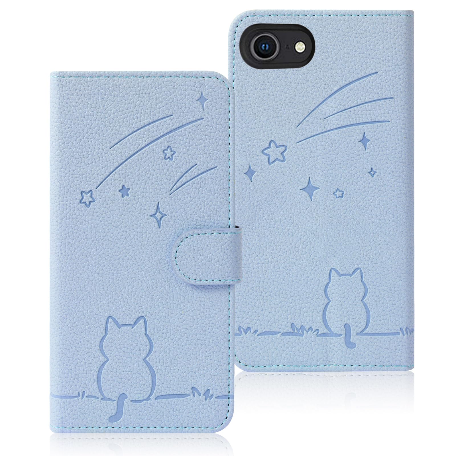 Rosbtib iPhone SE ケース 第2世代 第3世代 iPhone8 ケース iphone se3 ケース 手帳型 流れ星子猫 iPhone se2 ケース 可愛い 猫柄 iphone7 ケース 財布型 耐衝撃 アイフォンse 携帯カバー カード収納 アイフォン8/7 スマホケース オシャレ 軽量 耐久性 スタンド機能 PUレザー 内蔵マグネット 4.7インチ対応(ブルー)