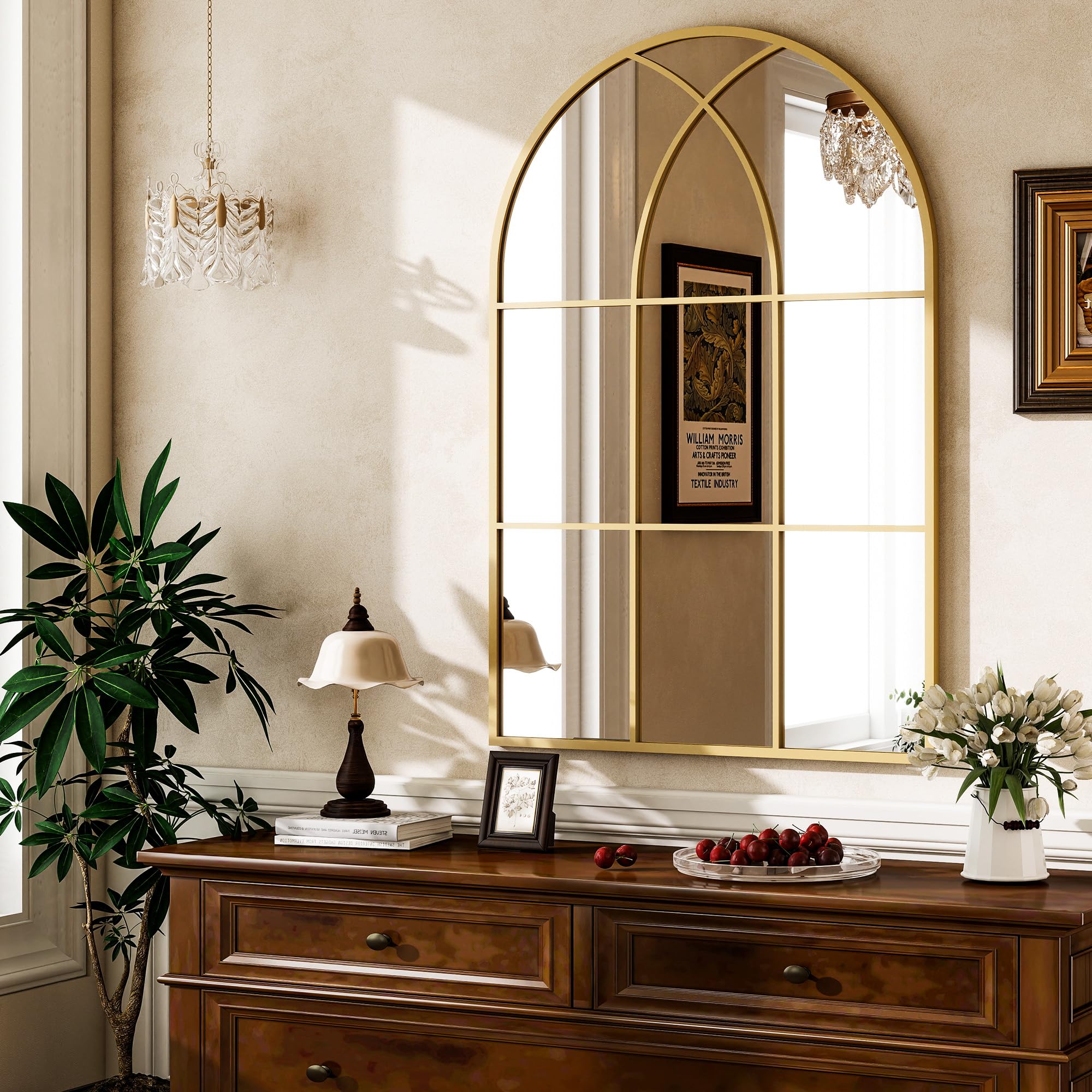 Koonmi Arched Window Wall Mirror with Grid, 90 x 60 cm, Gold