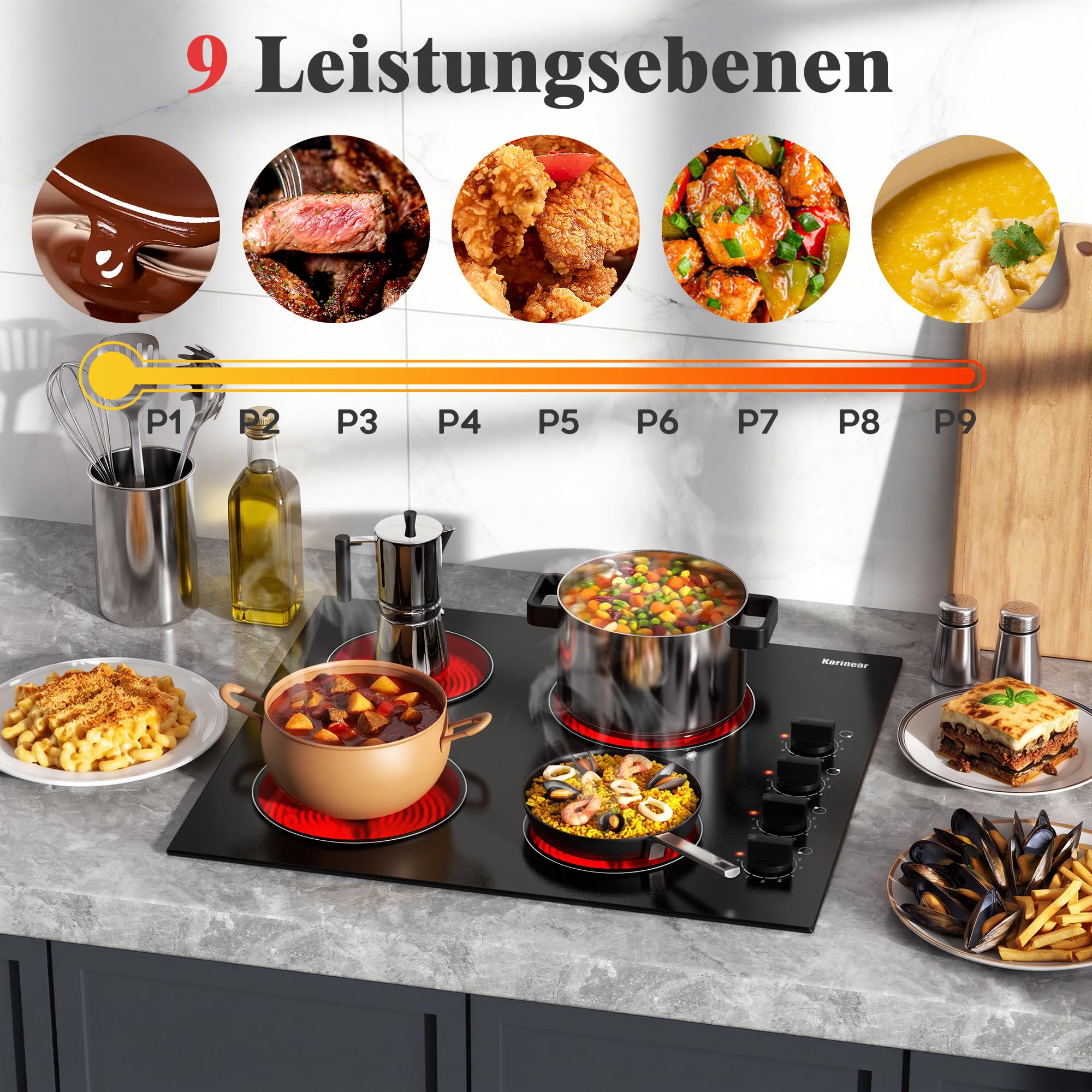 Herdplatte 4 Kochfelder 6000W 60 cm mit Drehknopfsteuerung | Einbau Kochfeld mit 9-Stufen, 4 platten mit Leistungsstufen, universelle Topfkompatibilität, Kein Stecker, 240V