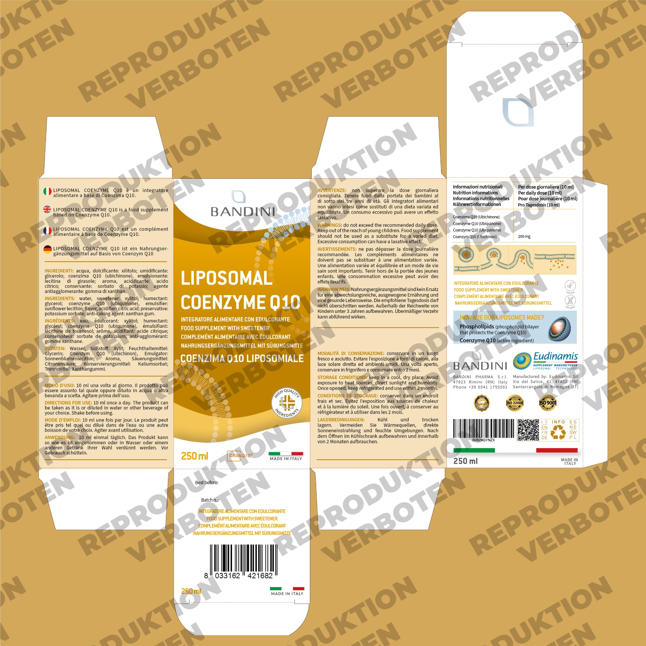 Bandini® Liposomales flüssiges Coenzym Q10 200 mg | 250 ml Co Q10 | | CAVAQ10® bioaktiv, natürlich, hoch bioverfügbar | Hochwertiges veganes Ubichinon aus pflanzlicher Fermentation