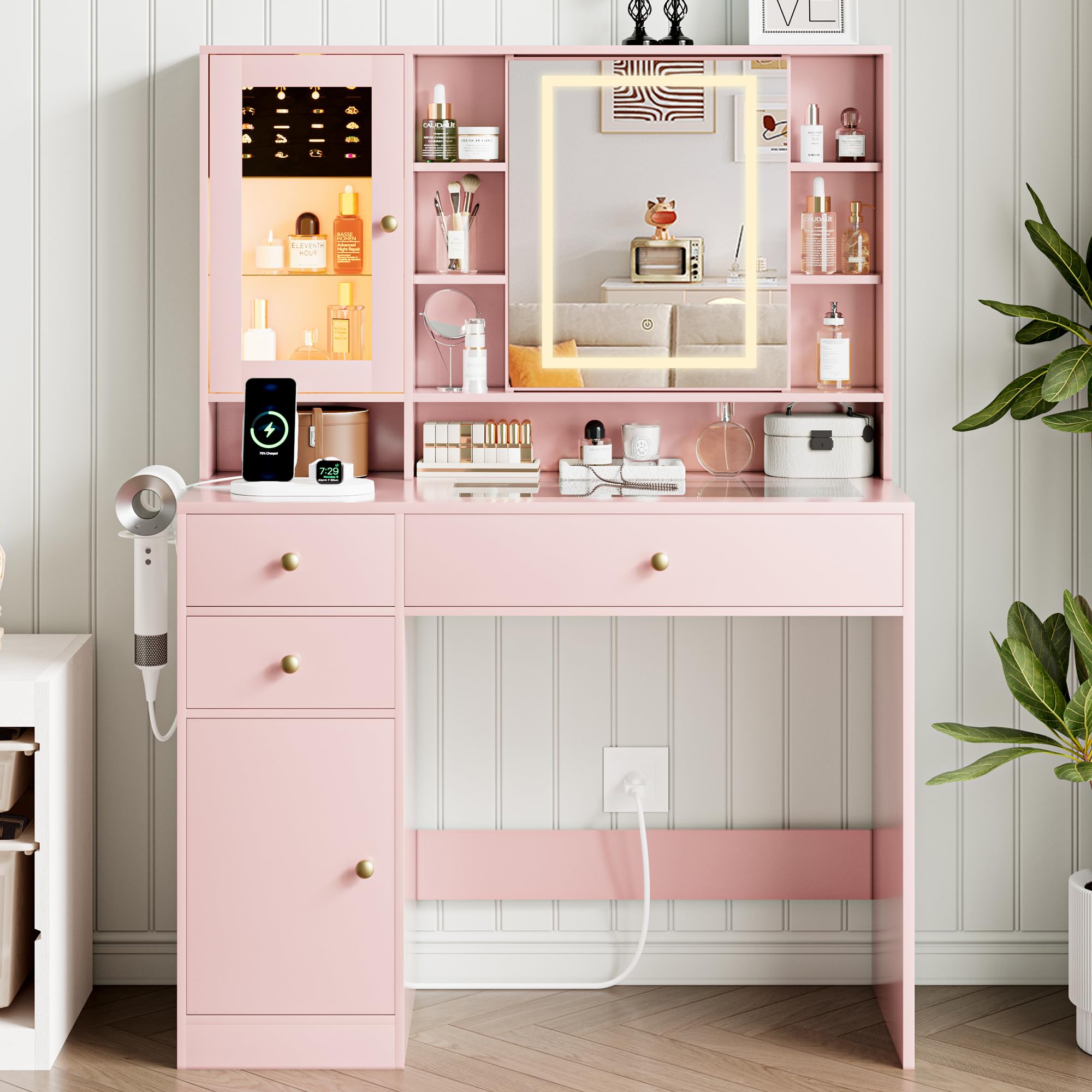 Yesasin Vanity Desk With Mirror & LED Lights - 38" Dressing Table With Drawers & Outlets (White)