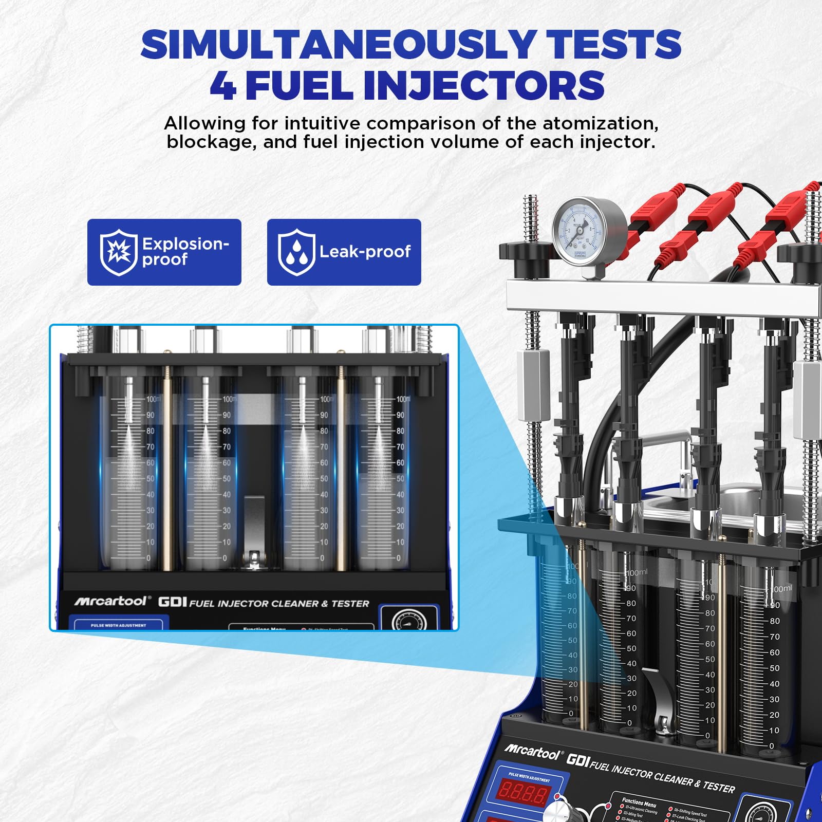 MR CARTOOL Środek do czyszczenia i testera fal ultradźwiękowych z 4 cylindrami do wtryskiwacza GDI EFI FSI, środek do czyszczenia wtryskiwaczy paliwa, tester do pojazdów, motocykli, narzędzi do