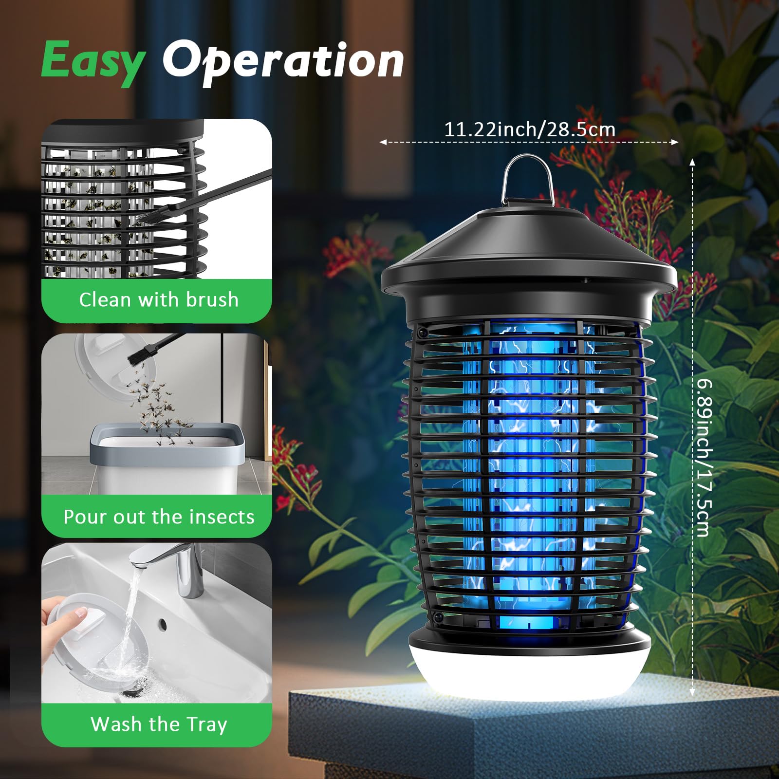 PALONE Lampa na komary elektryczna 4500V, 20W UV + 9W LED, 3m kabel - Bezpieczna siatka do kuchni/ogrodu