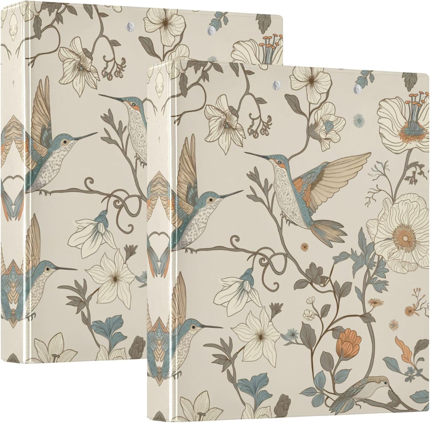 Hummingbirds and Plants 3 Ring Binders, 1.5” Round Ring Binders with Clipboard - Letter Size, 3 Interior PVC Clear Pockets & Anti-Slip Clip for Office School Supplies, 2PCS