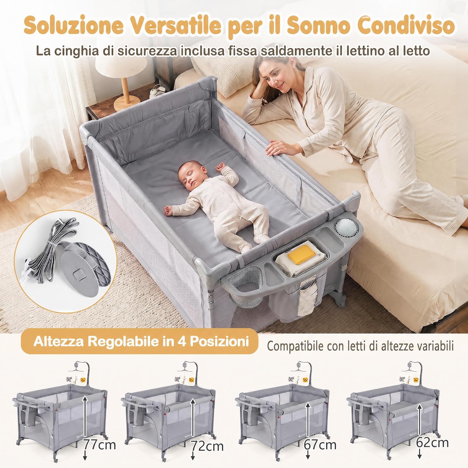 COSTWAY 5 in 1 Culla Co-sleeping Pieghevole per Neonato con Ruote (Grigio) | Lettino da Affiancare Portatile con Fasciatoio, Meterasso, Giocattoli e Carillon, Altezza Regolabile, per Bambini 0-3 Anni