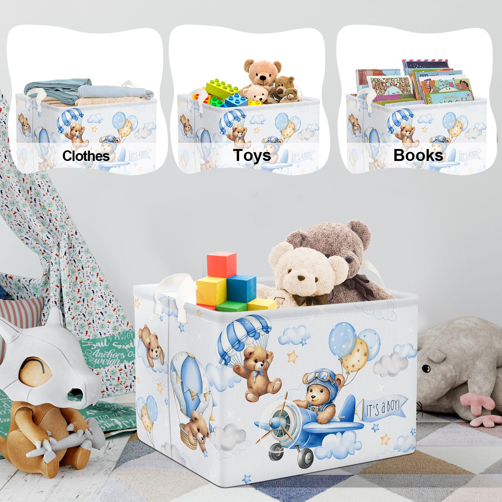 Clastyle Grande Cestino Portaoggetti Orso Pilota Palloncini Blu con Maniglia Ceste per la Biancheria Pieghevole Rettangolare Vestiti Giocattolo per Camera dei Bambini Bagno