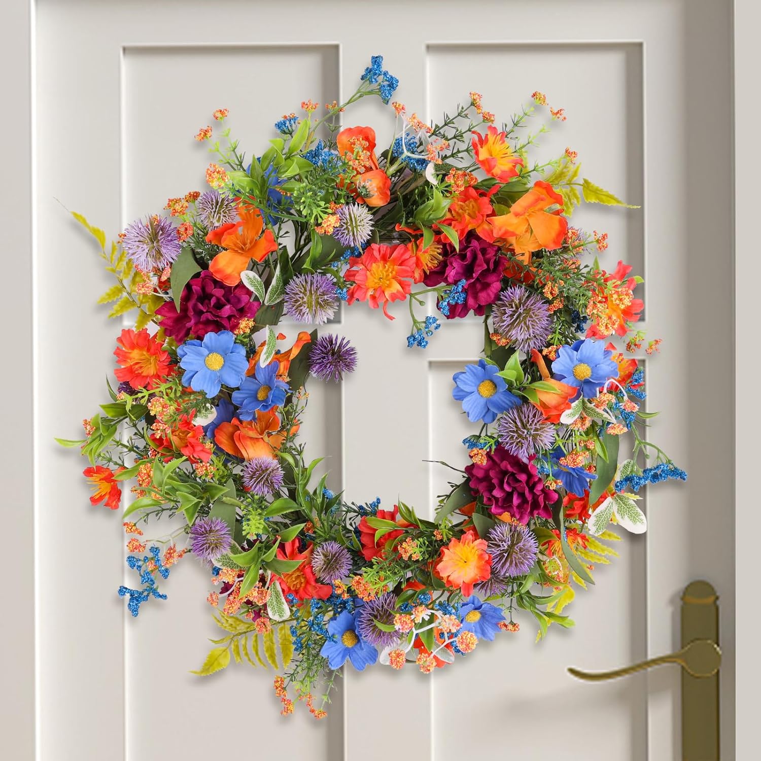 20" Colorful Wildflower Spring Summer Wreath with Green Leaves, Floral Artificial Wreath for Front Door Home Wall Wedding Farmhouse Holiday Outdoor Indoor Décor (Orange)