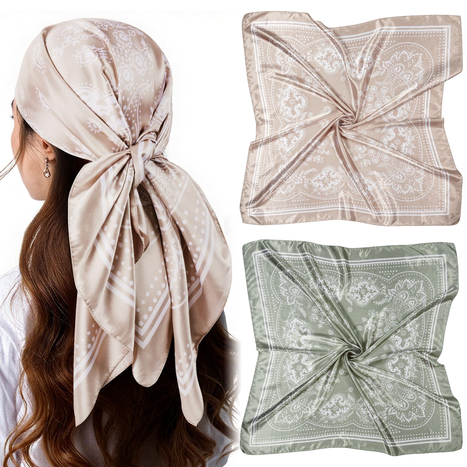 AstraGlam Satijnen Dameshoofddoek, Bandana, Grafische Print, Elegant Zijdeachtig Sjaaltje, Vierkante Sjaal, Hoofdsjaal, Haardband, Multifunctioneel, 1 Stuk 70x70cm