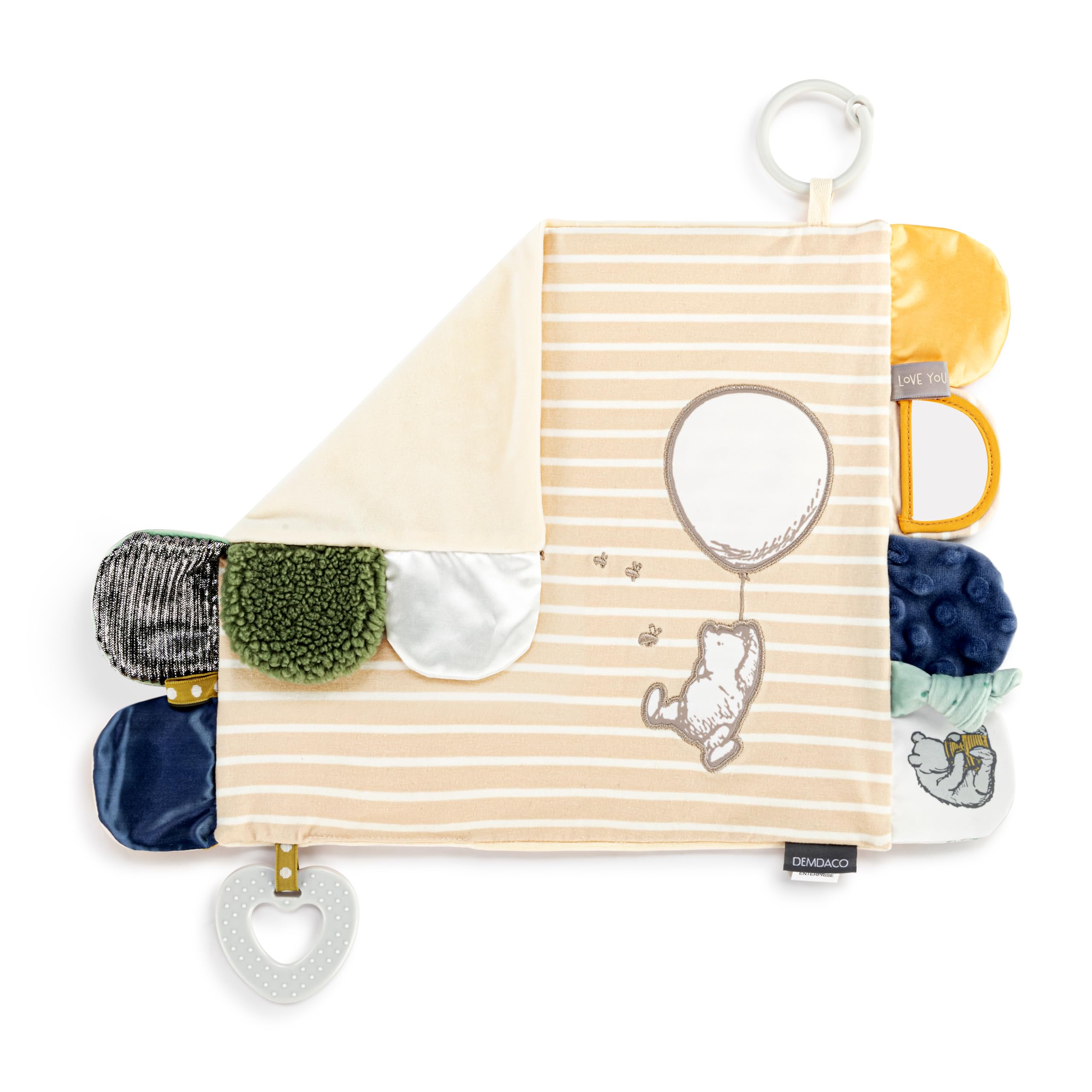 DEMDACO Mommy & Me Neutral Color, 17 x 11.5 Inch Textured Fabric, Teething Ring, Stroller Clip-on, Activity Blanket, Blankie, Tan and White, Pooh Classic Yellow Bear
