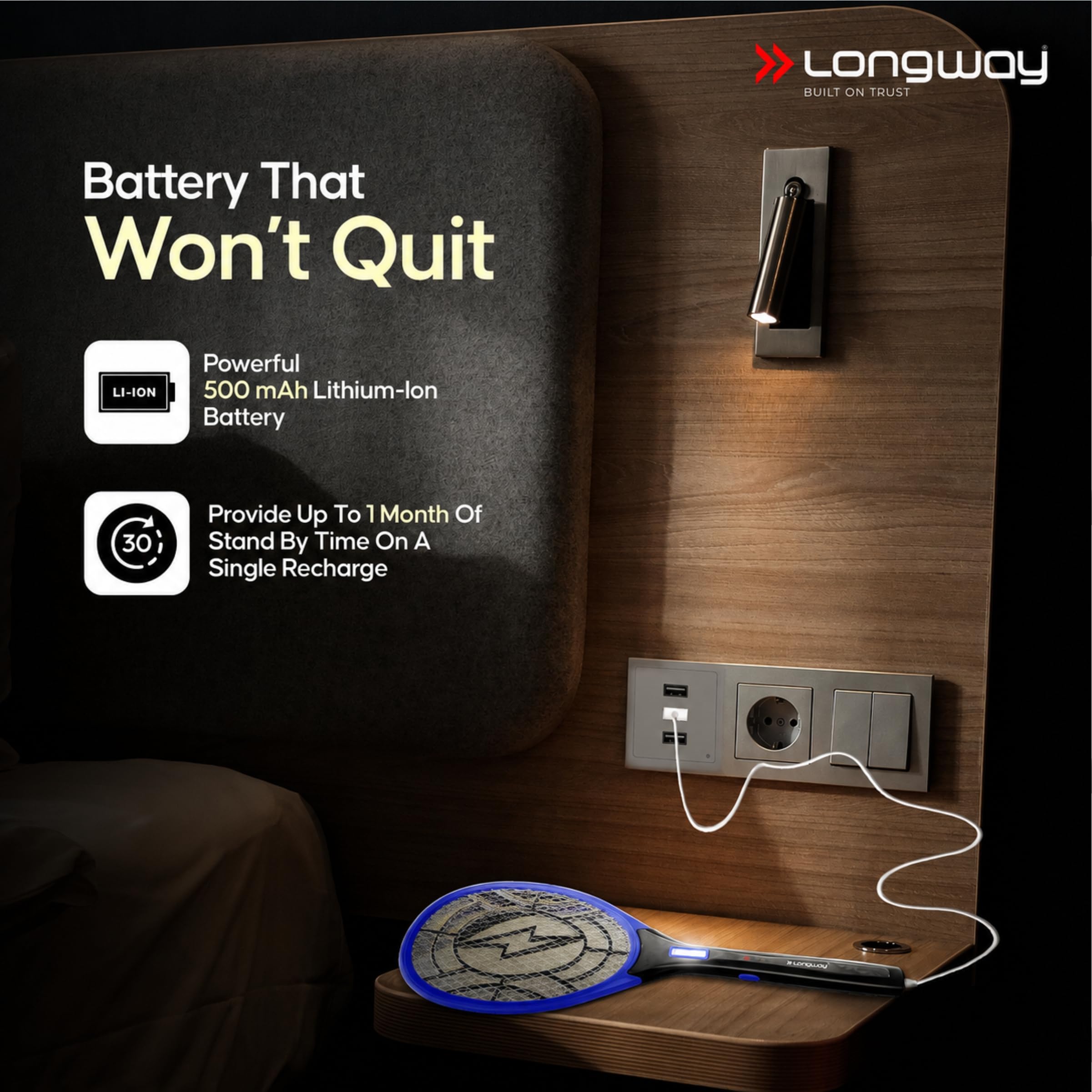 Longway Zappy Rechargeable Mosquito Killer Racket Built in COB Light | 3500V DC Voltage on The Net Mesh| Mosquito Bat | 1 Month Stand by 500mah Long Lasting Internal Battery (Blue) 1