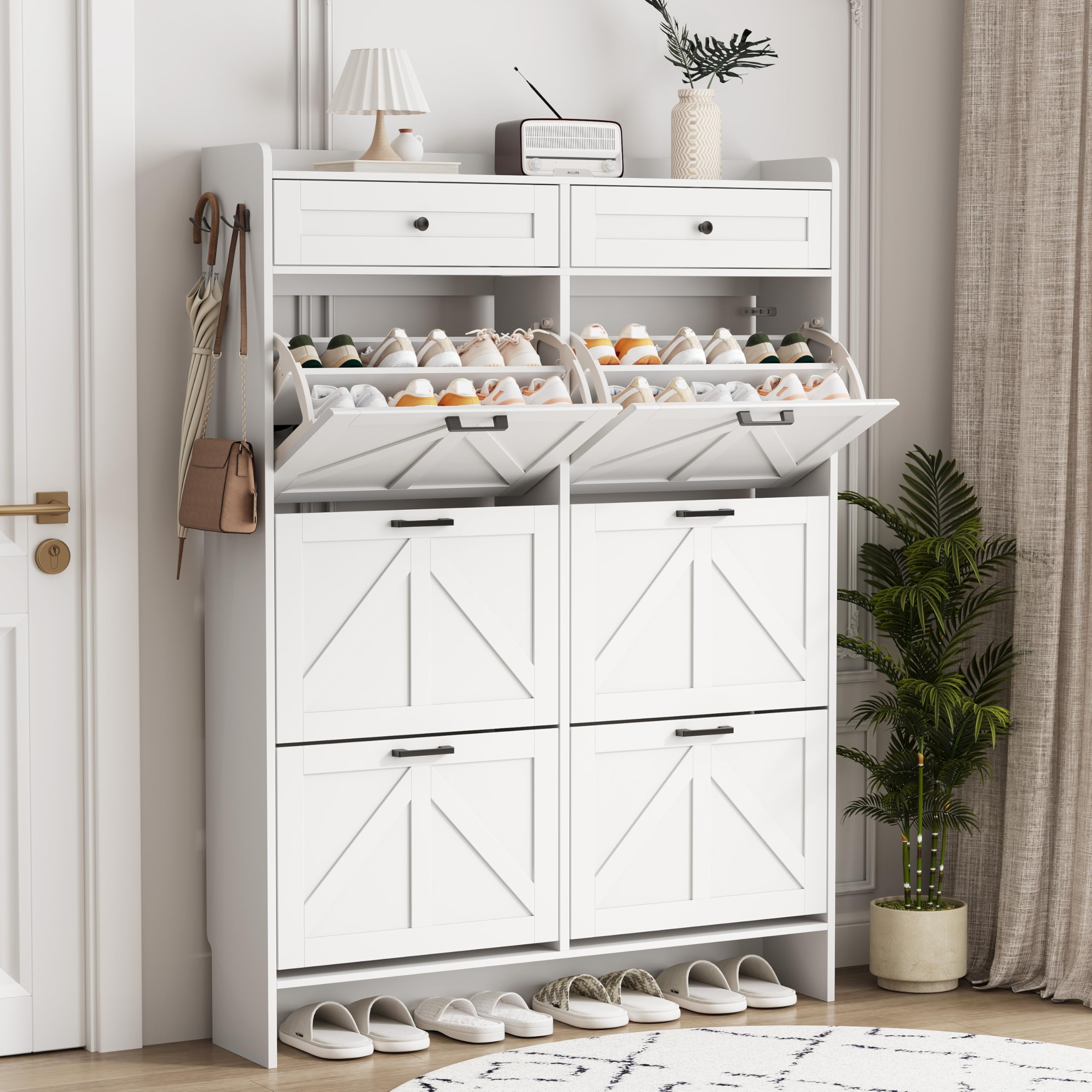 Shoe Cabinet with 6 Flip Drawers &amp; 2 Top Drawers, 57" Tall Freestanding Narrow Wooden Shoe Storage Organizer for Entryway, Hidden Slim Shoe Rack for Front Door Entrance, Hallway, Living Room, White