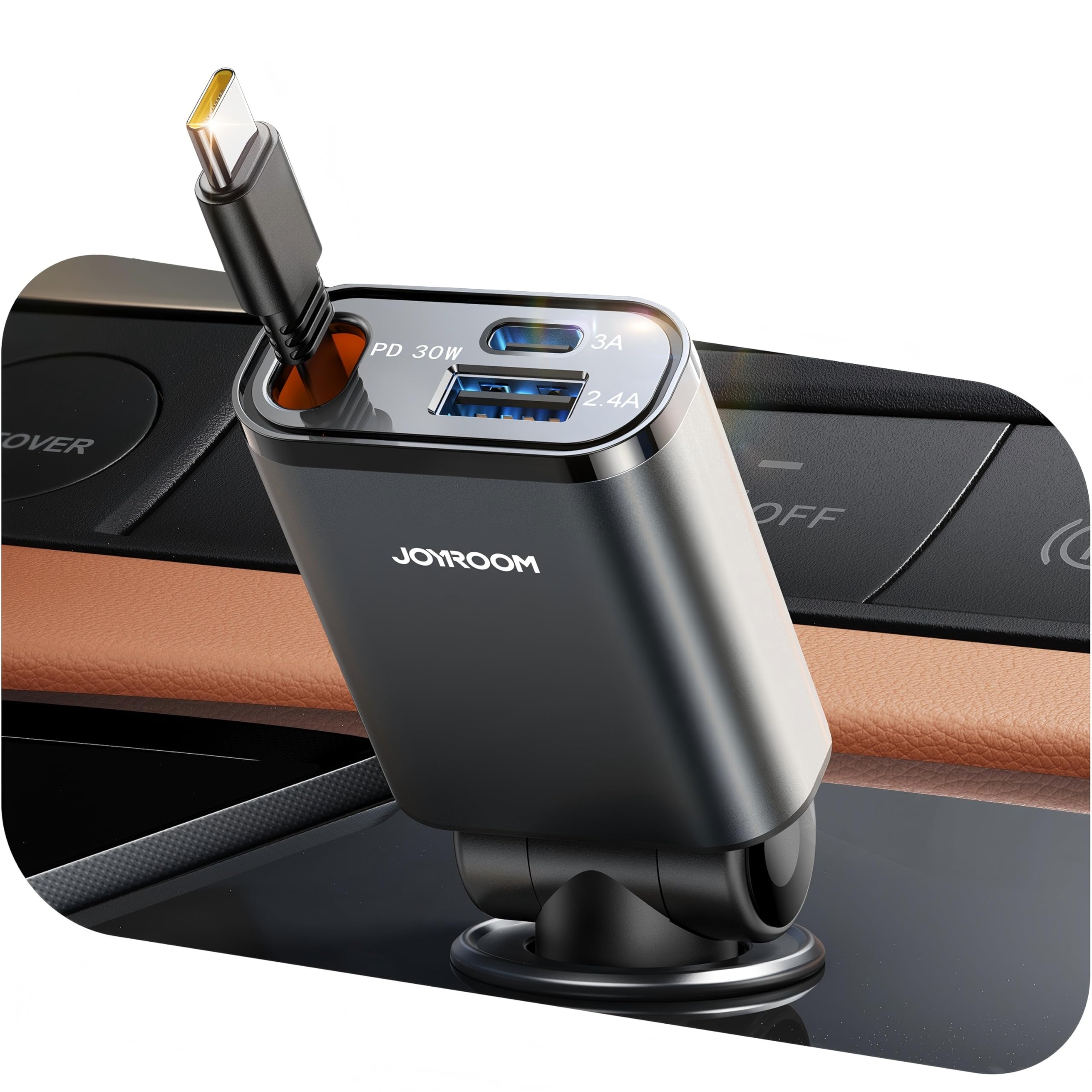 【2025 Ultra-compatto】Retrattile Caricabatterie Auto USB C,【3-IN-1】JOYROOM 57W 12V/24V Accendisigari USB, PD 30W Caricatore Rapido Presa Auto, Car Charger per iPhone 16/15/Samsung S25/S24 Nero