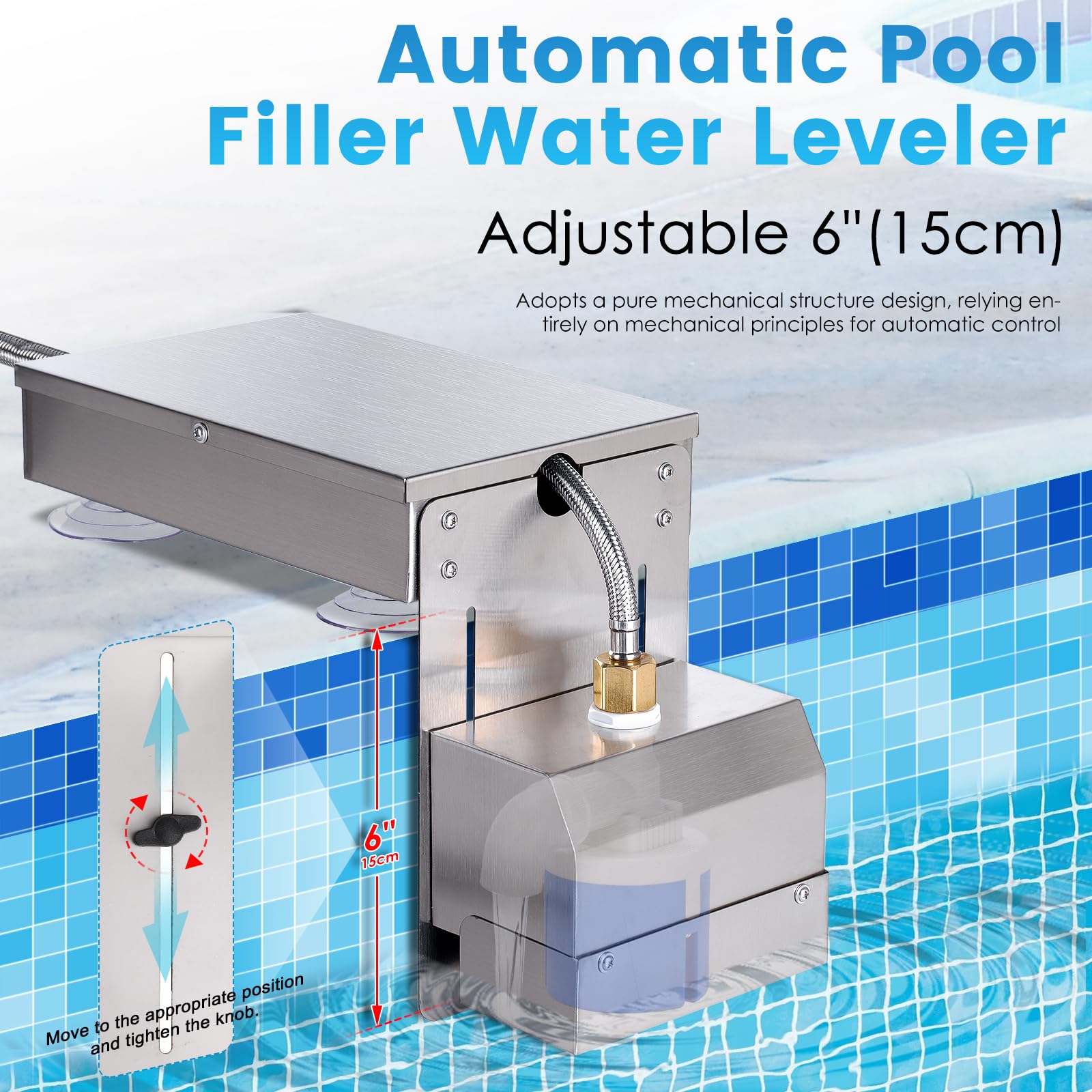 Llenador automático de agua para piscina, llenado automático, control de nivel de agua de cascada con válvula flotante para piscina, spa, estanque, piscina, llenado automático (plateado)