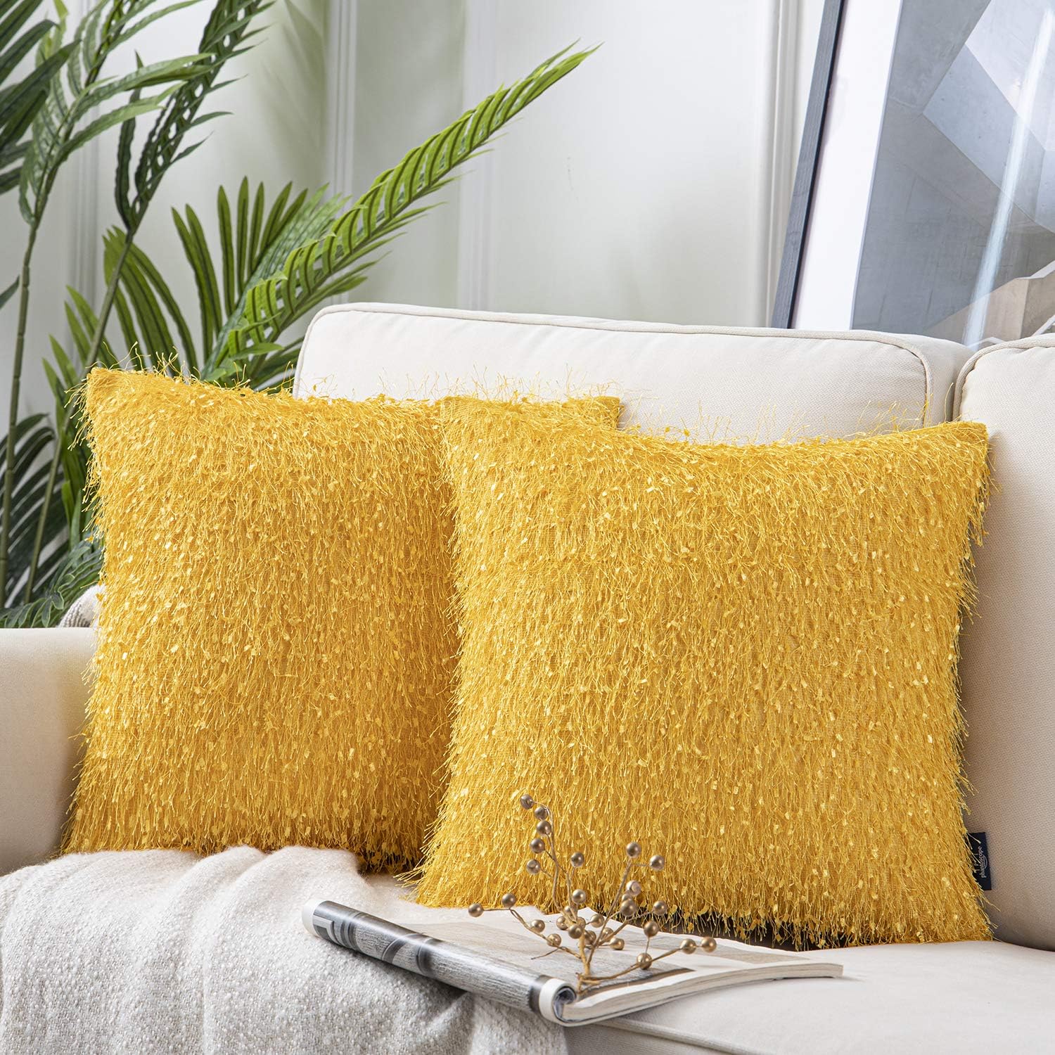 Phantoscope Pack of 2 Shiny Tassel with Flakes Throw Pillow Covers Luxurious Velvet Series Decorative Pillowcases Cushion Cover for Couch Bed and Chair, Yellow, 18 x 18 inches, 45 x 45 cm