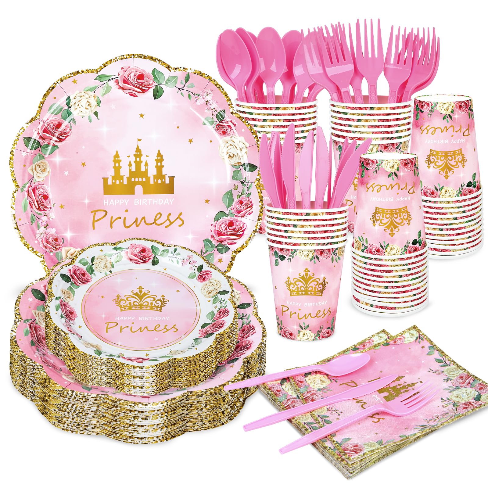 168 Pieces Pink Princess Disposable Party Dinnerware - Princess Paper Plates Napkins Cups Plastic Forks Knives Spoons For Girls Kids Birthday Party