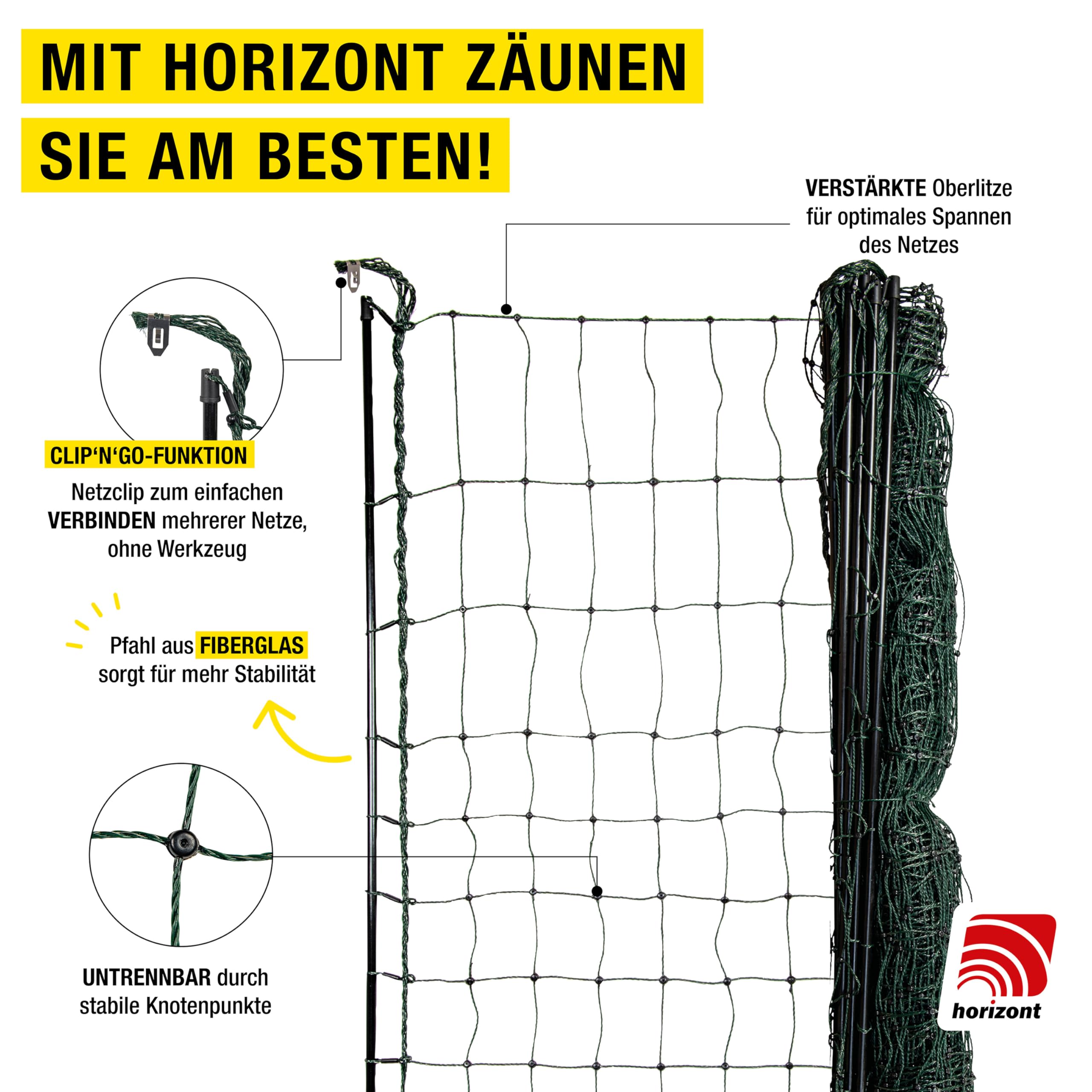 horizont Hühnerzaun strongLine 50m lang 120cm hoch - 15 Fiberglaspfähle mit Doppelspitze - Geflügelnetz ohne Strom, mobiler Geflügelzaun, Gartenzaun