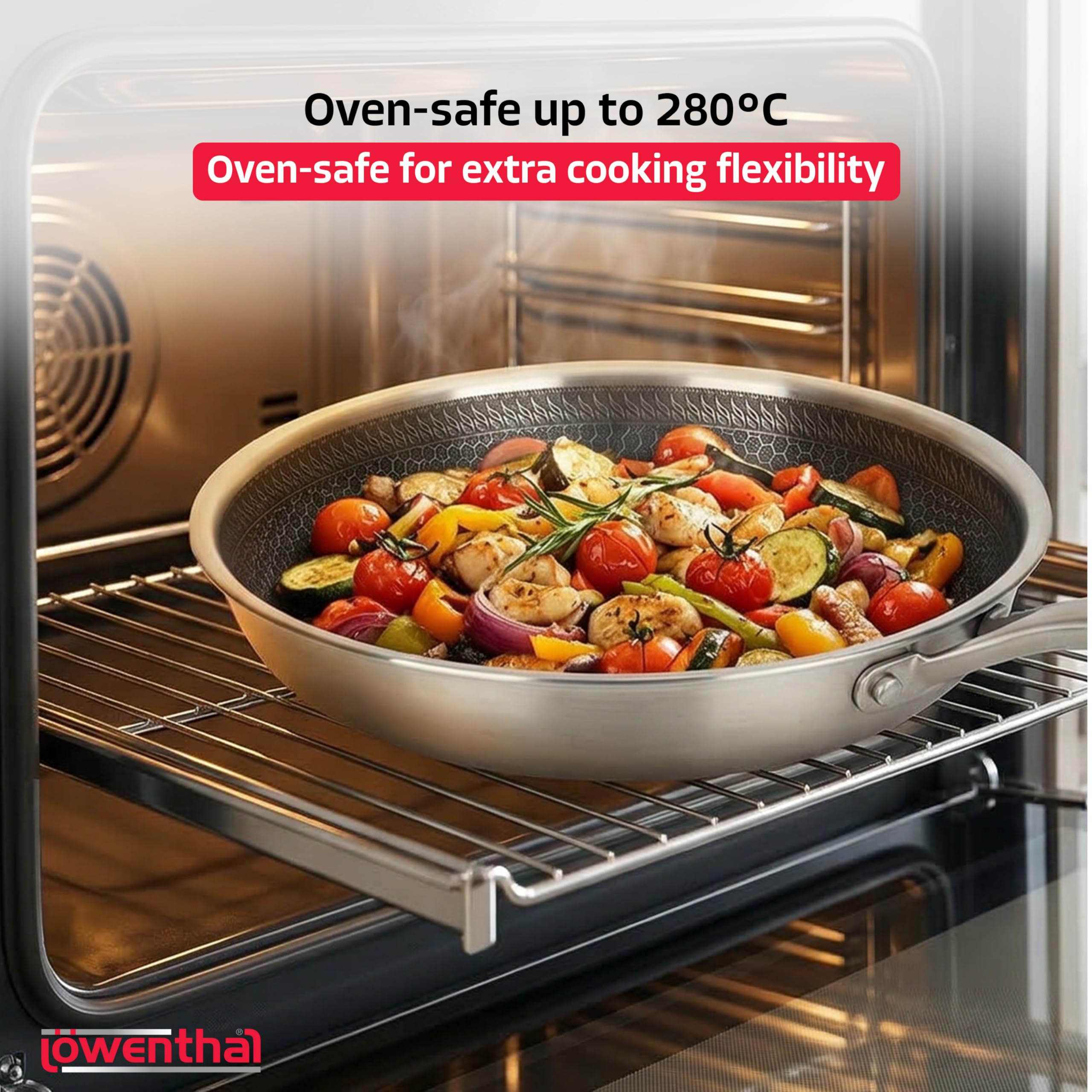 Silvergear Patelnia do smażenia 24 cm, nieprzywierająca patelnia ze stali nierdzewnej, bez PFAS, gniazdo pszczół, indukcyjne, gazowe, elektryczne i ceramiczne, piekarnik do 280°C, Löwenthal®