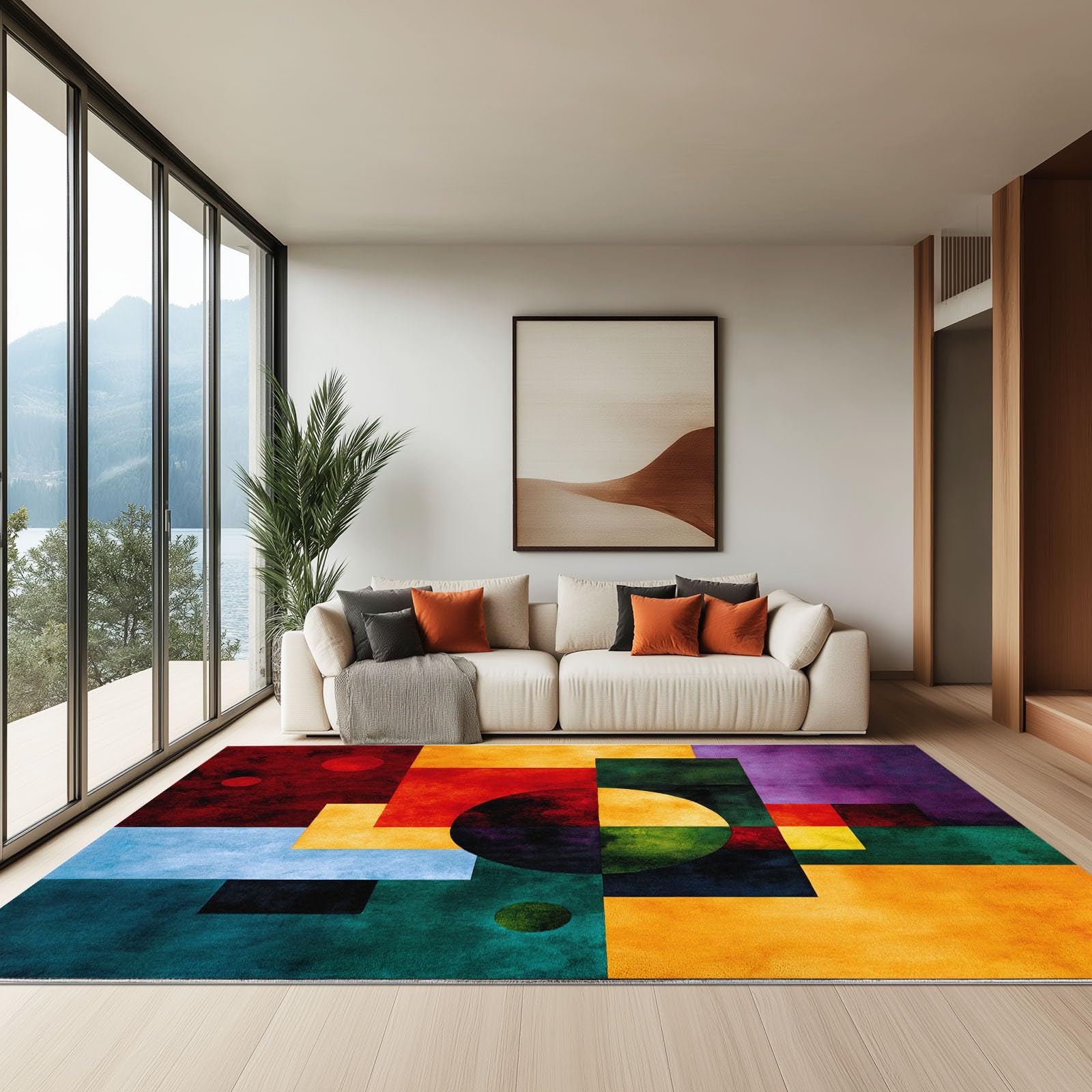 Generisch Teppich Maschinenwaschbar 160 x 230 cm Quadrat Form Kreis, Weich rutschfest & Fusselfrei, Großer Teppich für Flur Schlafzimmer Wohnzimmer Gastzimmer Esszimmer, Mehrfarbig
